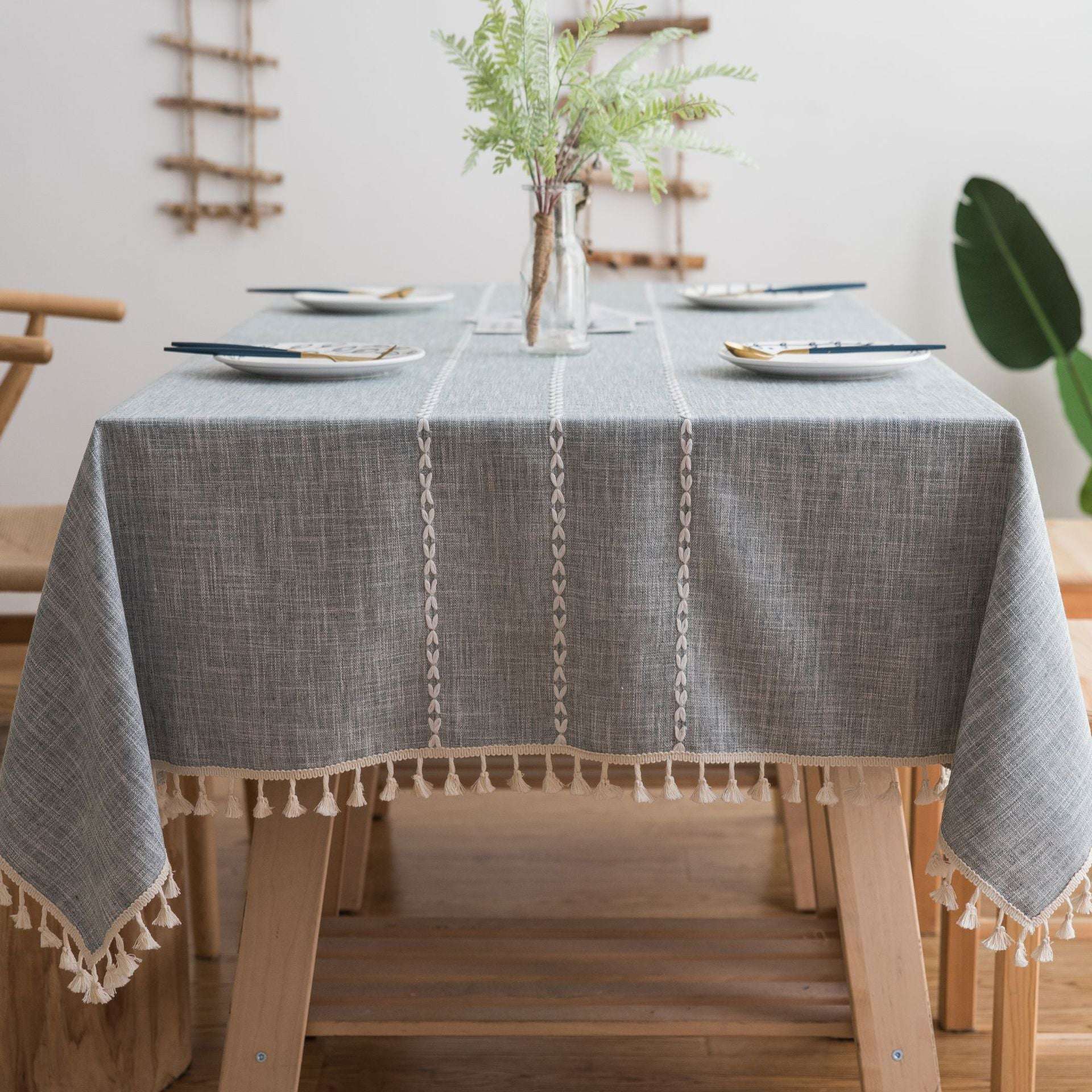160x100cm Grey Striped Cotton Linen Embroidered Tassel Tablecloth - European & American Farmhouse Style for Restaurants, Cafes, Weddings & Home Dining Decor