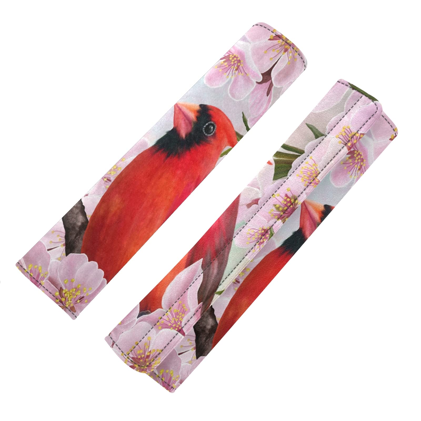 Red Cardinal Bird on Branch Almond Blossom Flowers - 2 Pack Adjustable Universal Car Seat Belt Pads Cover for Adults & Kids - Soft Shoulder Strap Cushions for Comfortable Driving, Road Trips & Daily Commute