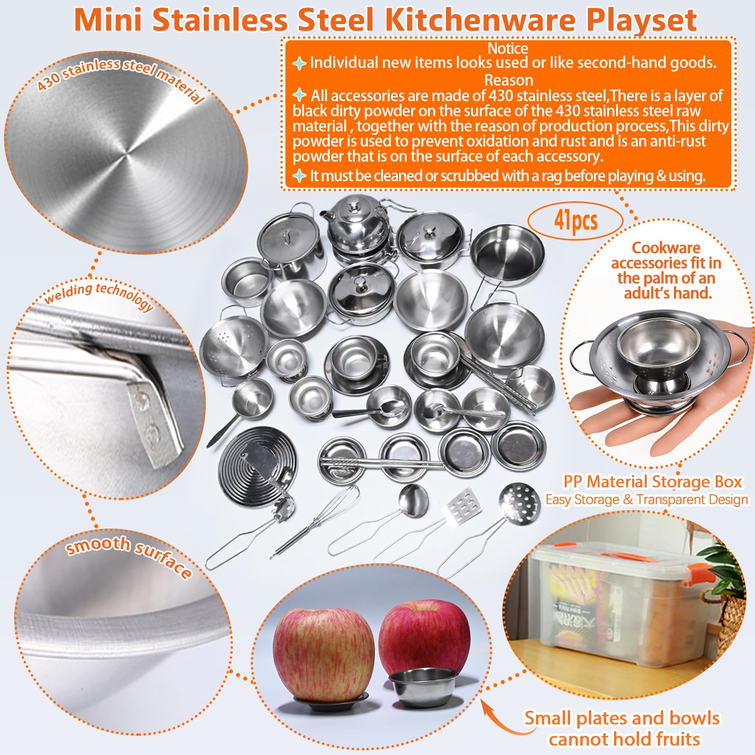 Mini Stainless Steel Kids Kitchen Pretend Play Set - Pots, Pans & Cooking Utensils for Toddlers | Durable Pretend Cookware Toy for Role Play & Early Learning | Perfect for Home, Preschool & Playroom