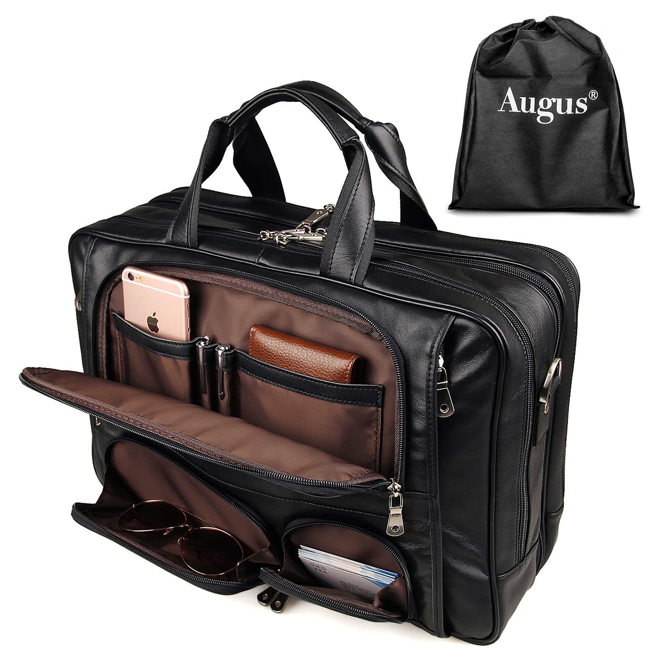 Augus Genuine Leather Business Travel Briefcase for Men - 15.6 Inch Laptop Bag & Professional Duffel Bag - Perfect for Business Trips, Office Commute and Executive Travel