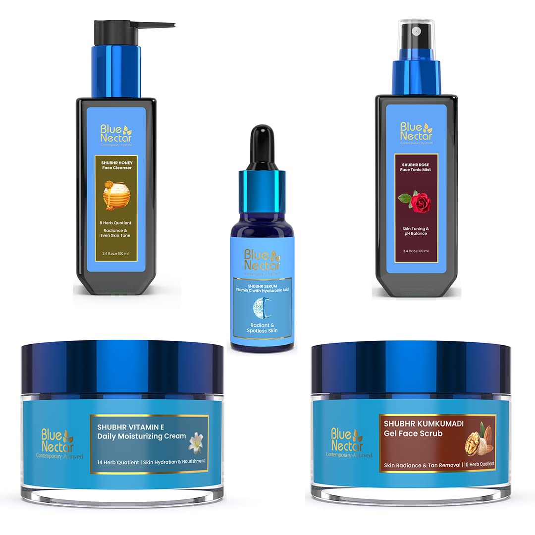 Blue Nectar Vitamin C Face Serum (1 Fl Oz) & Vitamin E Cream (1.7 Fl Oz) - Honey Aloe Vera Detan Face Wash (3.38 Fl Oz) - Walnut Gel Face Scrub (1.7 Fl Oz) - Shubhr Rose Toner (3.4 Fl Oz) | Complete Skincare Set for Glowing Skin | Morning & Night Routine, Anti-Aging & Hydration