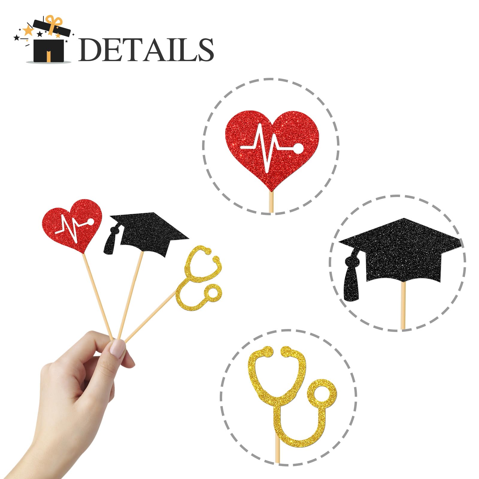24-Piece Doctor & Nurse Graduation Cupcake Toppers - Medical RN Themed Decorations for Nursing School Graduation Parties (Black, Red & Gold Glitter) - Perfect for Healthcare Graduation Celebrations, Cake Decorating & Dessert Displays