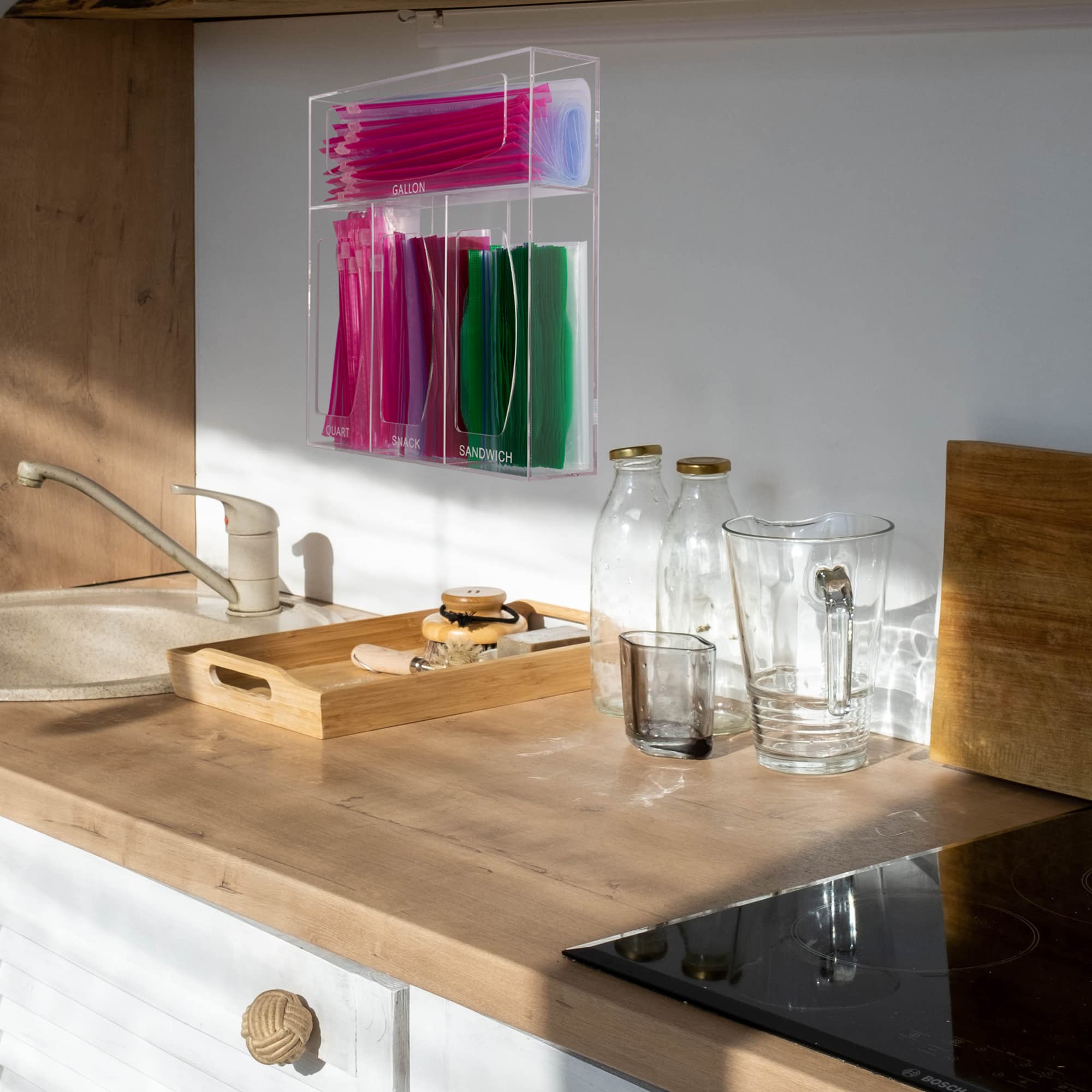 Clear Acrylic Bag Storage Organizer for Kitchen Drawer - Food Storage Bag Holder Compatible with Ziplock, Glad, Hefty, Gallon, Quart, Sandwich & Snack Bags - Perfect for Pantry, Fridge & Countertop Organization