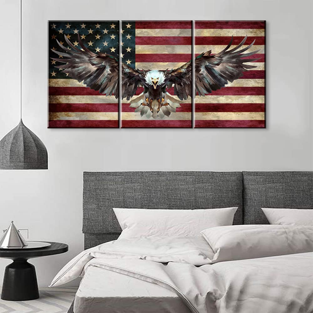 3 Piece American Flag Wall Art Set - Patriotic Wooden Flag Decor for Living Room & Bedroom - Army Military Eagle Wall Hangings - Ready to Hang Home Decor (20''W x 28''H x 3PCS) - Perfect for Veterans Day, Memorial Day & 4th of July Celebrations