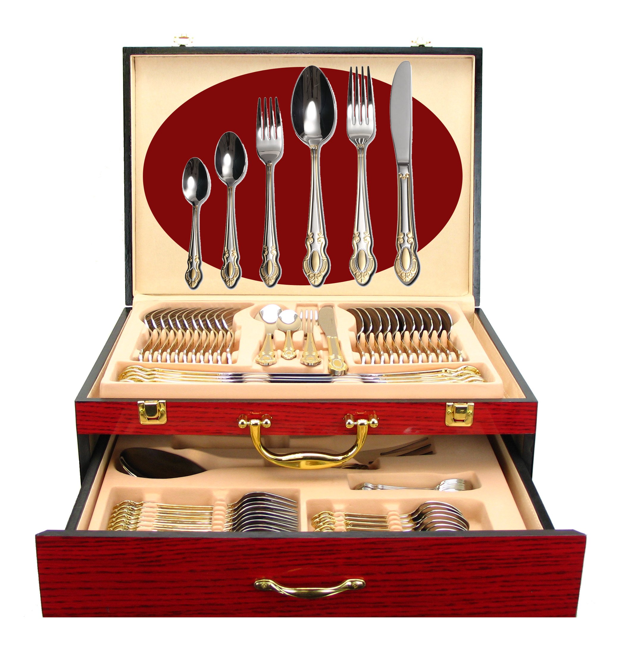 75-Piece Luxury Flatware Set for 12 with Storage Case - 24K Gold Plated Premium Dining Cutlery - 18/10 Surgical Stainless Steel Silverware - Hostess Serving Set in Elegant Chest - Perfect for Weddings, Dinner Parties & Formal Gatherings