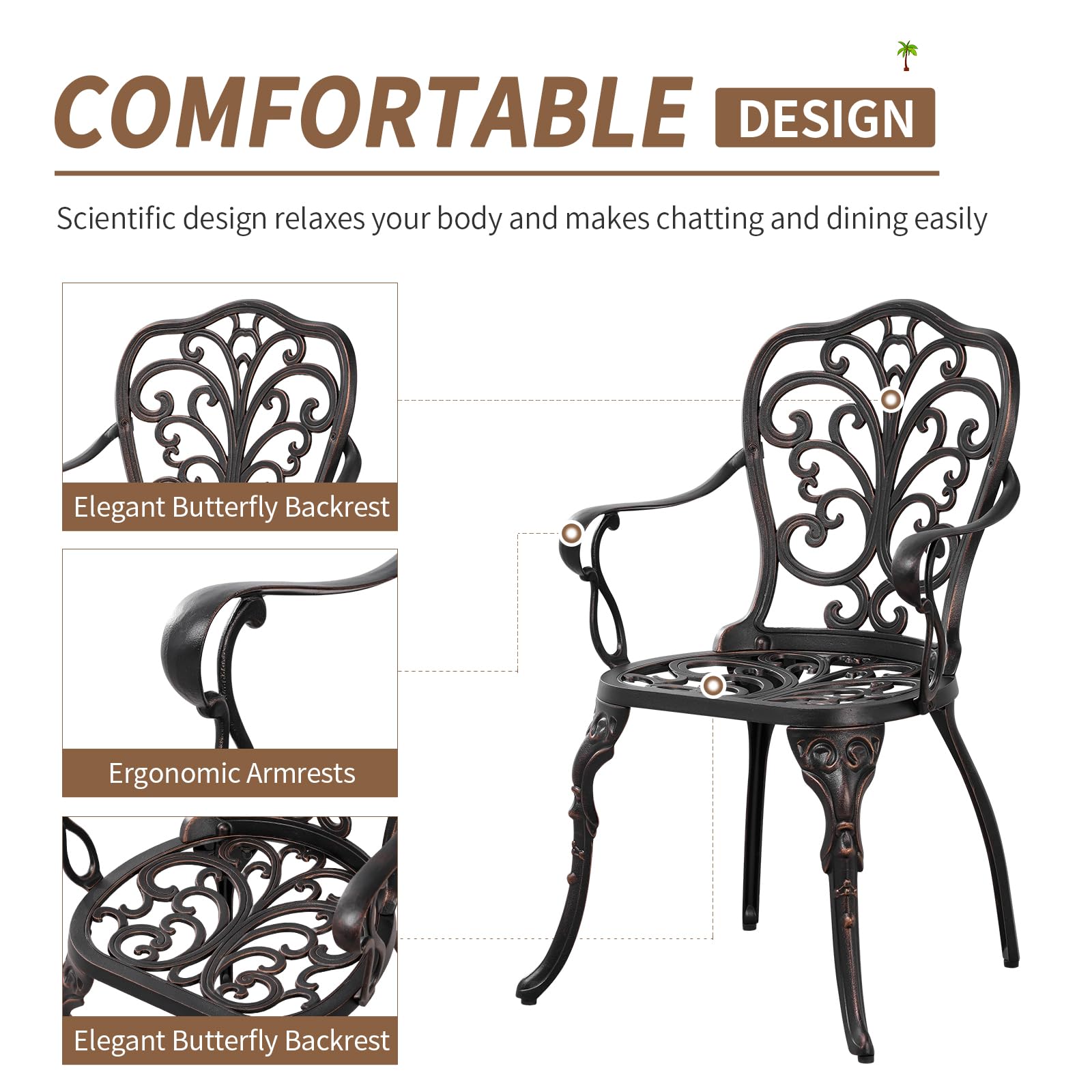 3 Piece Cast Aluminum Bistro Set - Bronze Outdoor Dining Table with 2 Chairs, Patio Furniture for Backyard, Balcony & Deck - Includes 1.97
