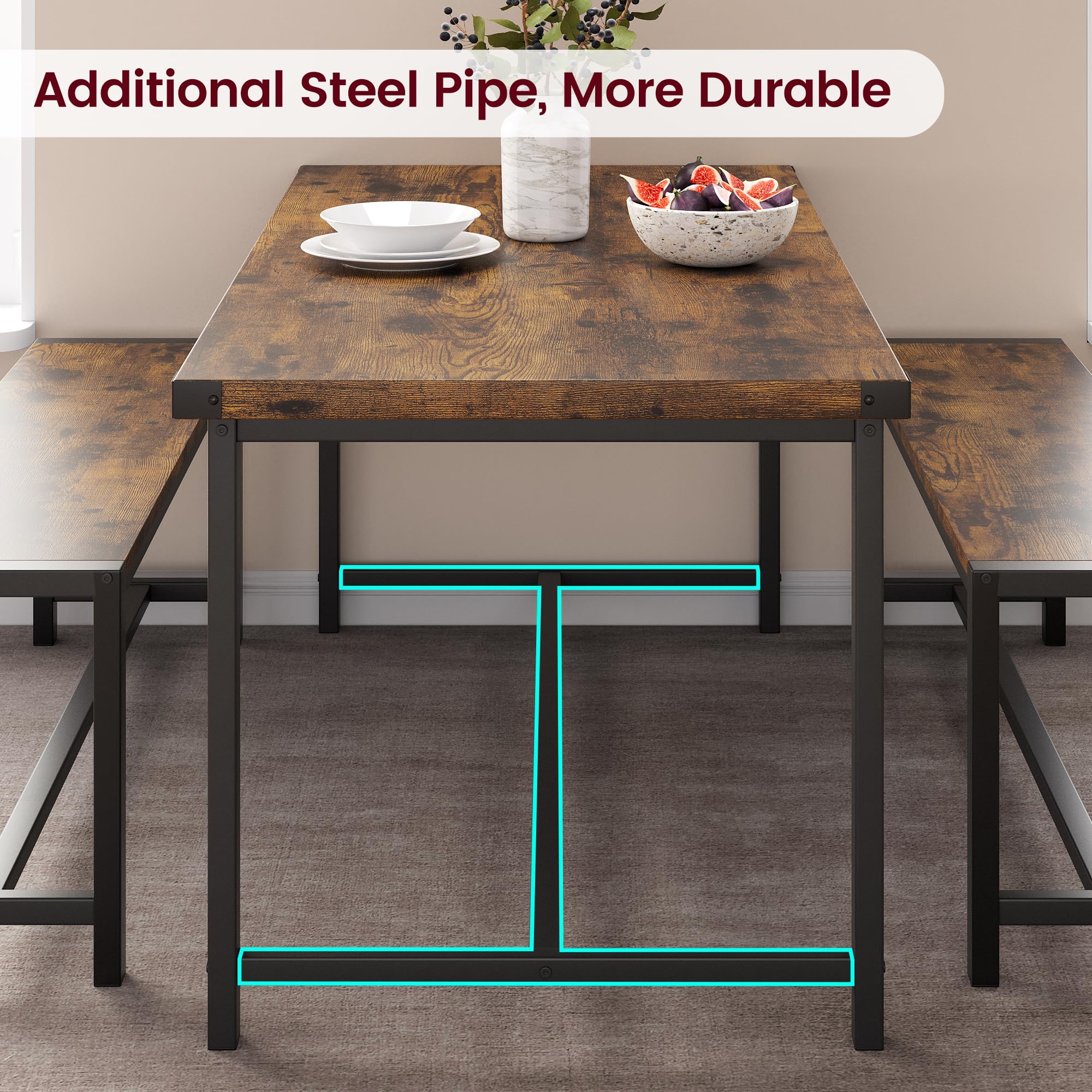 IDEALHOUSE 4-Piece Retro Brown Dining Table Set with 2 Metal Wood Benches - Space Saving Kitchen & Apartment Furniture for Small Spaces, Dinettes & Compact Dining Rooms | Perfect for Breakfast Nooks, Studio Apartments & Cozy Family Meals
