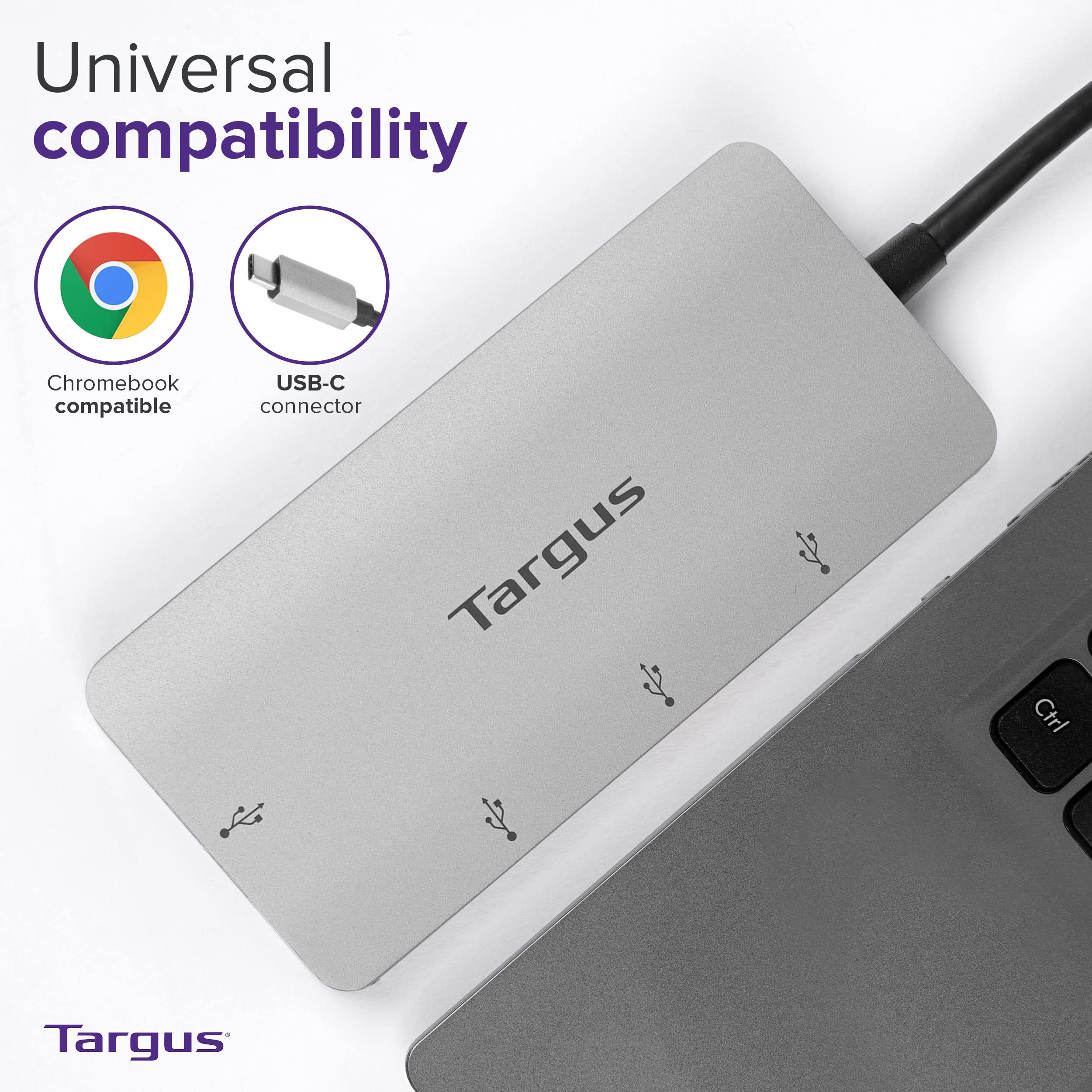 Targus USB-C to 4-Port USB-A Hub - Universal Laptop Adapter for MacBook, Chromebook, Windows - Portable Silver (ACH226EU) - Perfect for Office, Travel & Home Workspace Connectivity