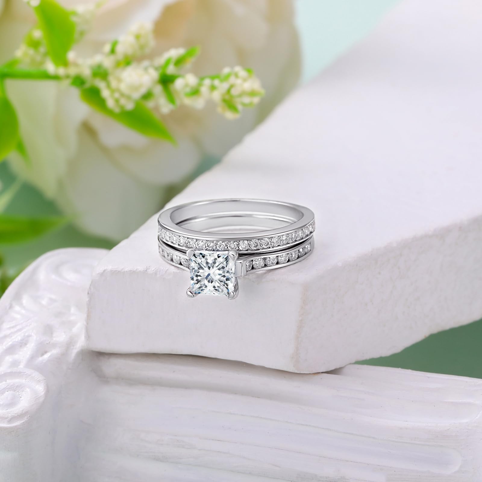 1.4 Carat (ctw) Princess Cut Moissanite Wedding Ring Set for Women - S925 Sterling Silver Bridal Set - Perfect for Wedding, Anniversary & Engagement - Elegant Jewelry Gift for Her