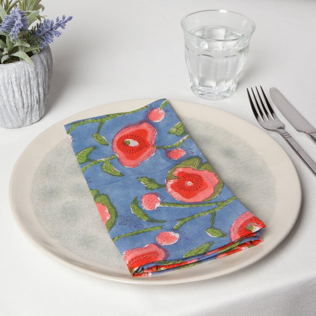 Premium Poppy Block Print Cotton Napkins - Set of 4 for Dining, Parties & Home Decor | Eco-Friendly Table Linens for Everyday Use & Special Occasions