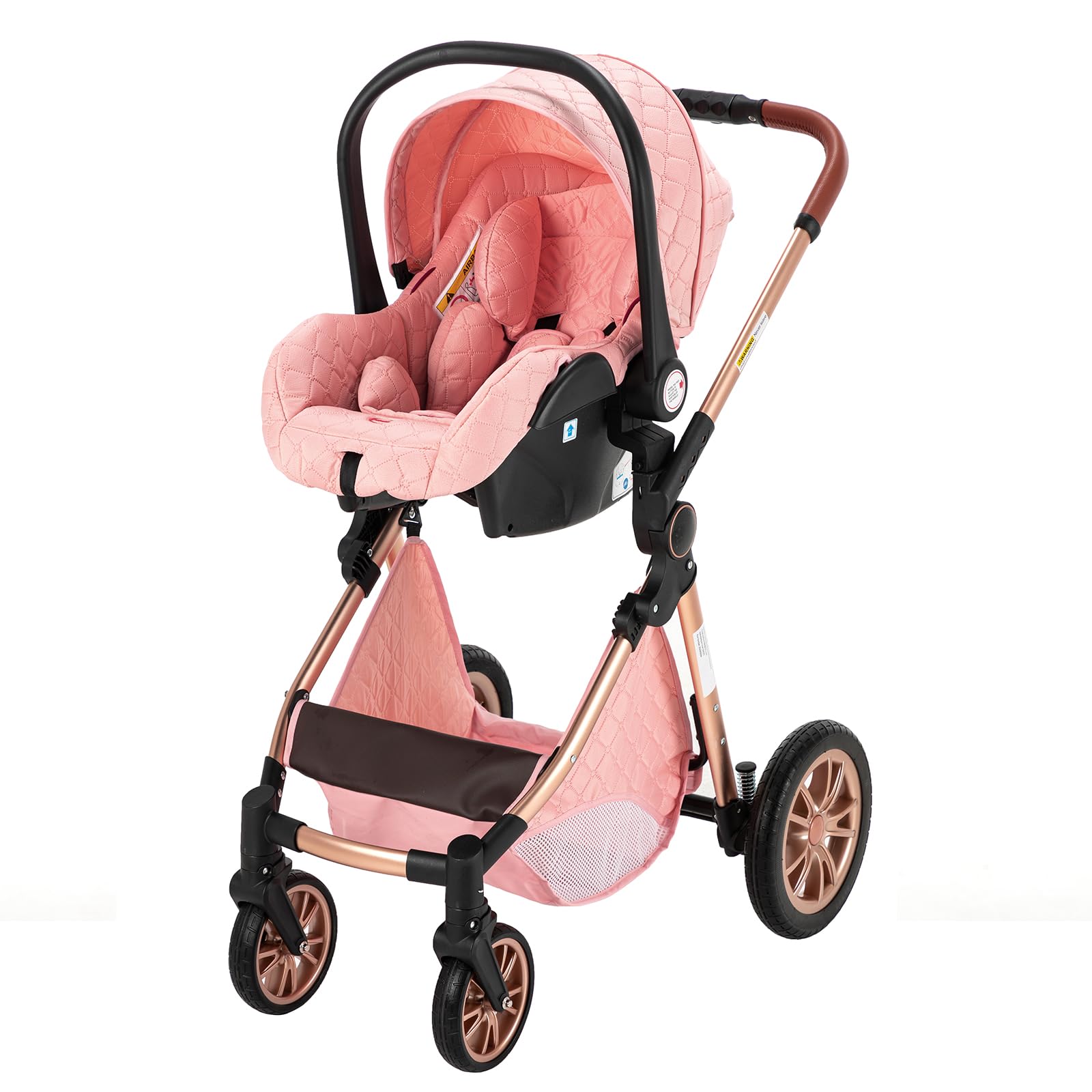 3 in 1 Baby Travel System - Reversible Stroller with Luxury High Landscape Pram & Foldable Design | Portable Standard Pushchair for Newborn to Toddler (UDV9-PINK with Base) | Perfect for Shopping, Travel & Daily Walks