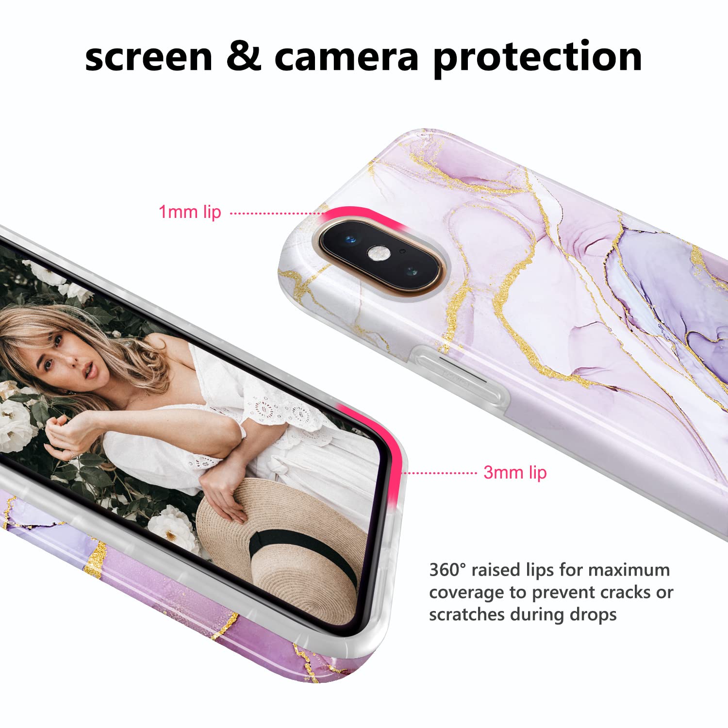 JIAXIUFEN iPhone X / Xs Case - Gold Sparkle Glitter Marble Slim Shockproof TPU Soft Silicone Cover (Purple Pink) | Protective Phone Case for Women & Girls | Perfect for Daily Use, Work, Travel & Gift Giving