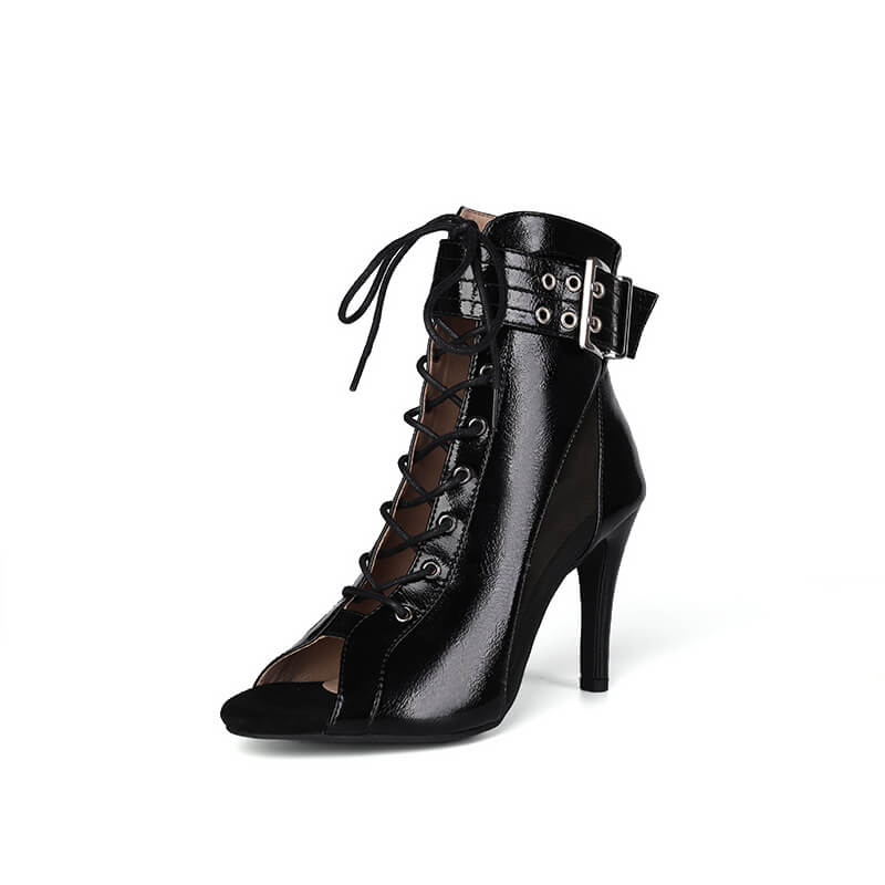 Stylish Black Patent Leather Ankle Boots with Buckle Detail - Perfect for Women's Casual Outfits, Office Wear & Night Out