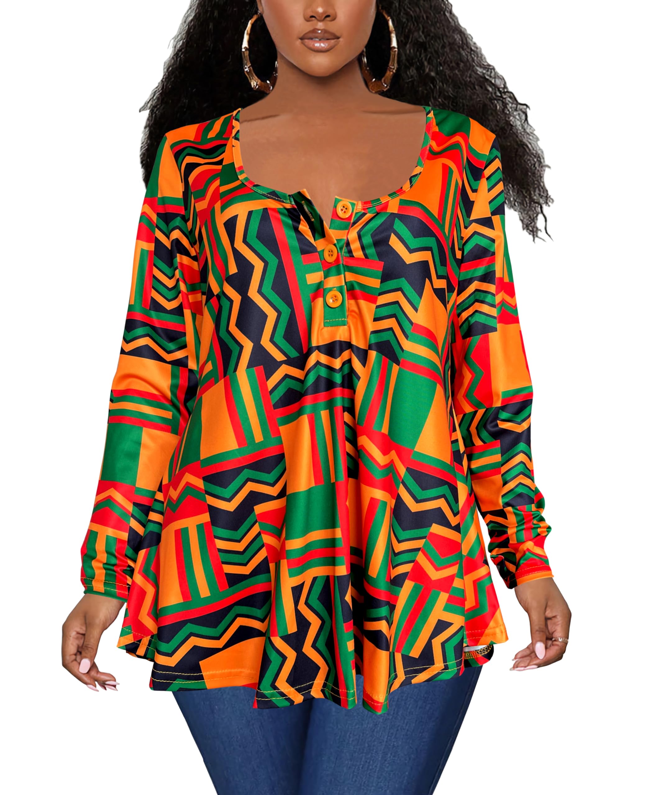 Afibi Women's Long Sleeve Henley T-Shirt - Button Down Loose Fit Blouse with Scoop Neck - African Dashiki Print Top for Casual Wear, Boho Style & Cultural Events