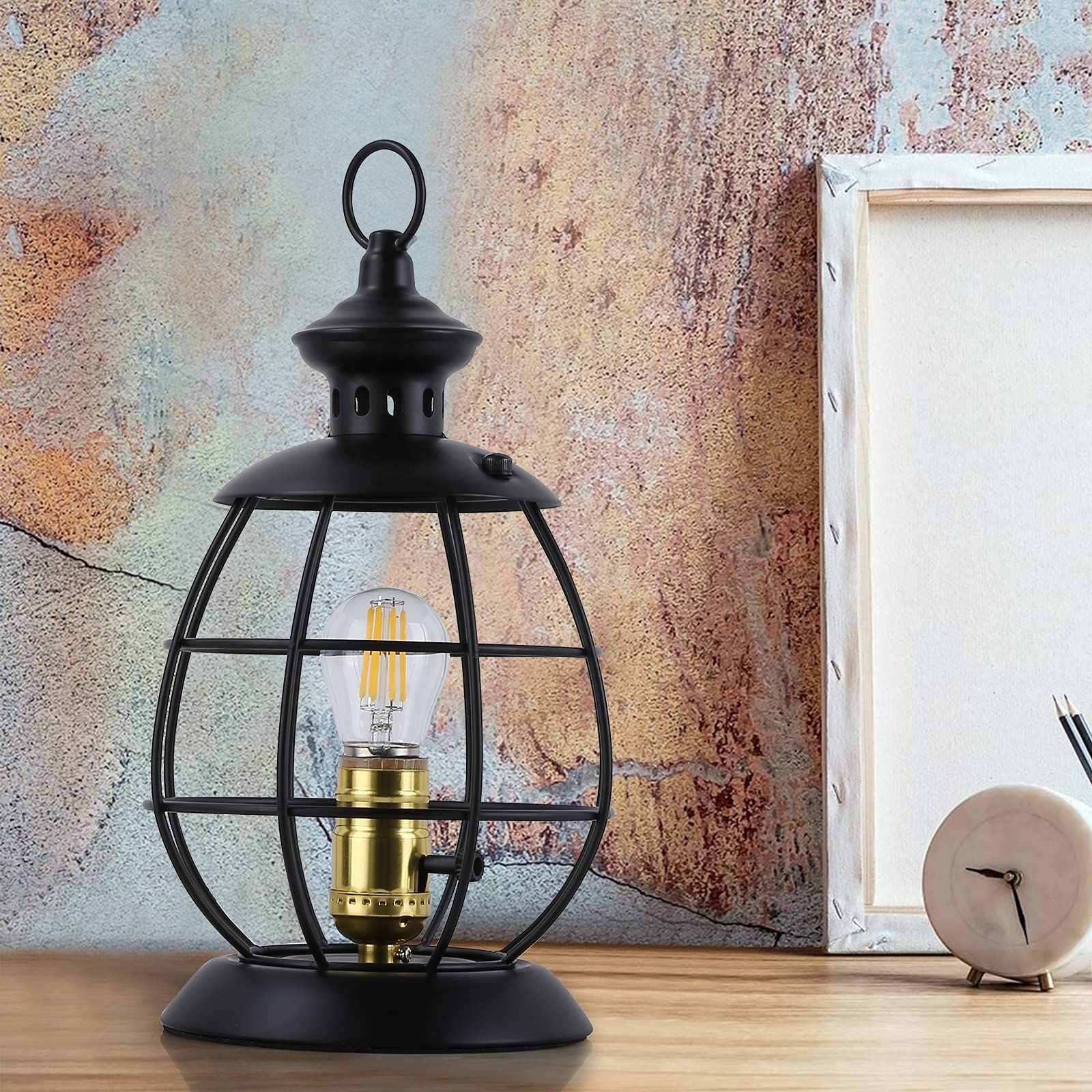 Vintage Industrial Metal Cage Table Lamp - Black Retro Farmhouse Bedside Reading Light with Hanging Hoop for Bedroom, Living Room & Office | Mid-Century Modern Decor (Bulbs Not Included) - Perfect for Cozy Nights, Home Office Lighting & Rustic Interior Design
