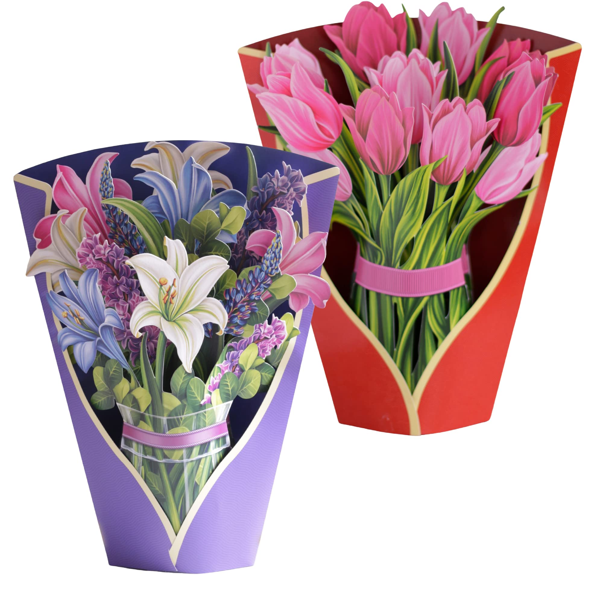 FreshCut 3D Pop Up Greeting Cards - Set of 2 Life-Sized Lily & Lupine + Pink Tulip Forever Flower Bouquets (12 Inch) with Note Cards & Envelopes | Perfect for Birthdays, Anniversaries, and Special Occasions