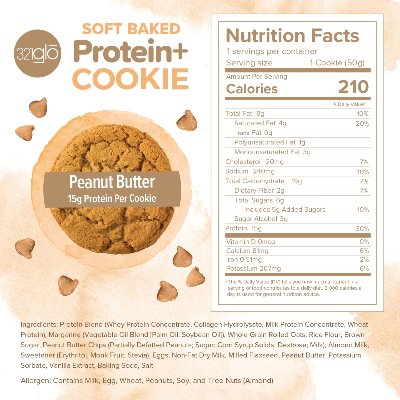 321glo Protein+ Cookies | High Protein Soft Baked Cookies with Collagen (15g Protein per Serving) | Healthy Snack for Men, Women & Kids | 12 Pack Peanut Butter Flavor | Perfect for Gym, Work, School & Travel