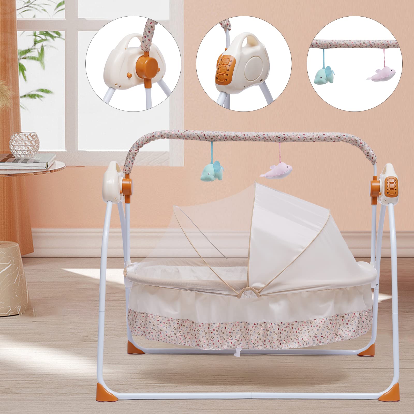 Portable Electric Baby Swing Rocker with Remote Control, 5 Adjustable Speeds, Timer & Music - Foldable Infant to Toddler Rocking Chair (Khaki Lux) - Perfect for Nursery, Daycare & Travel