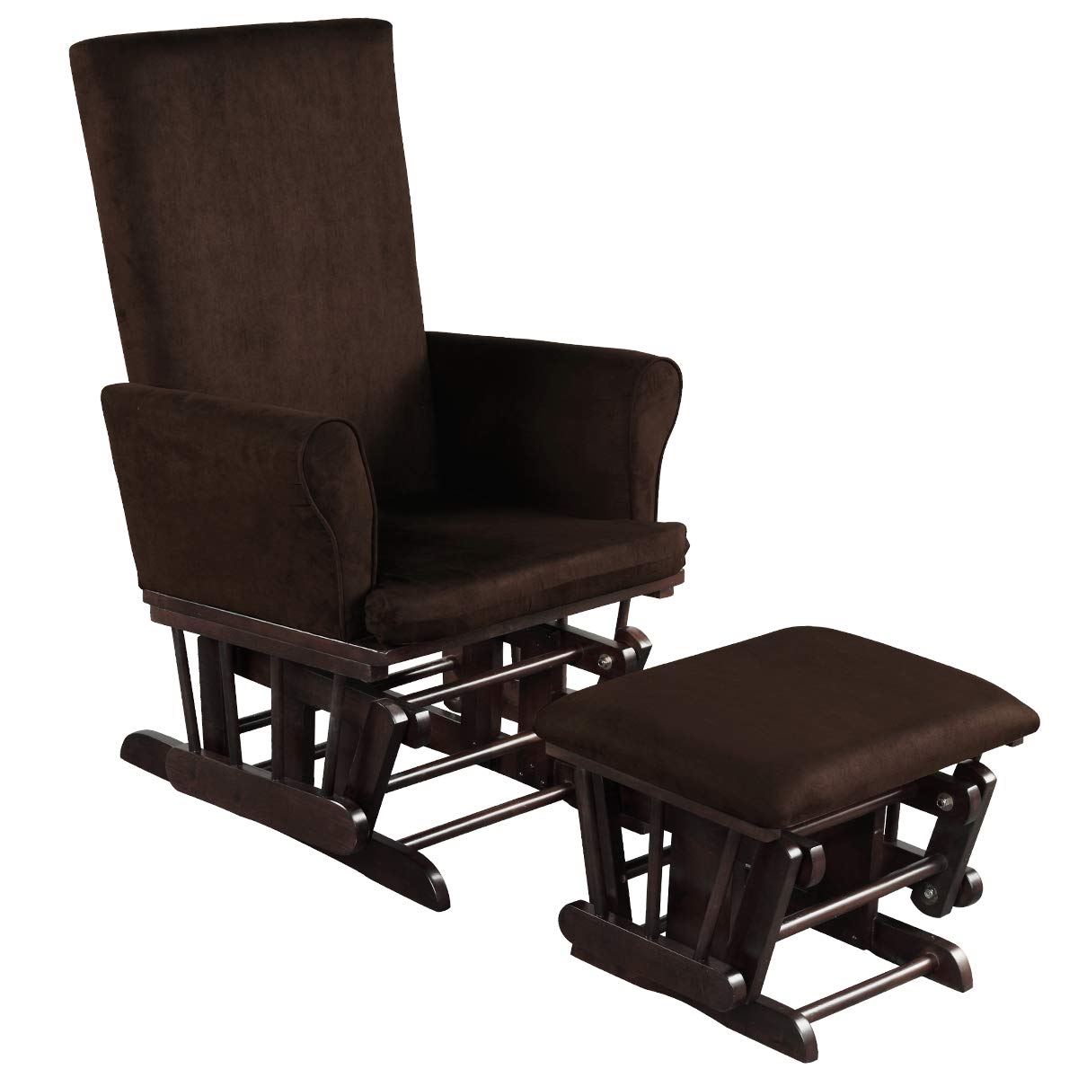 Costzon Baby Glider and Ottoman Set - Wooden Nursery Rocking Chair with Cushions for Nursing, Napping & Reading - Upholstered Hoop Glider with Padded Armrests & Matching Ottoman (Brown) - Perfect for Nursery Rooms, Bedrooms & Breastfeeding Spaces