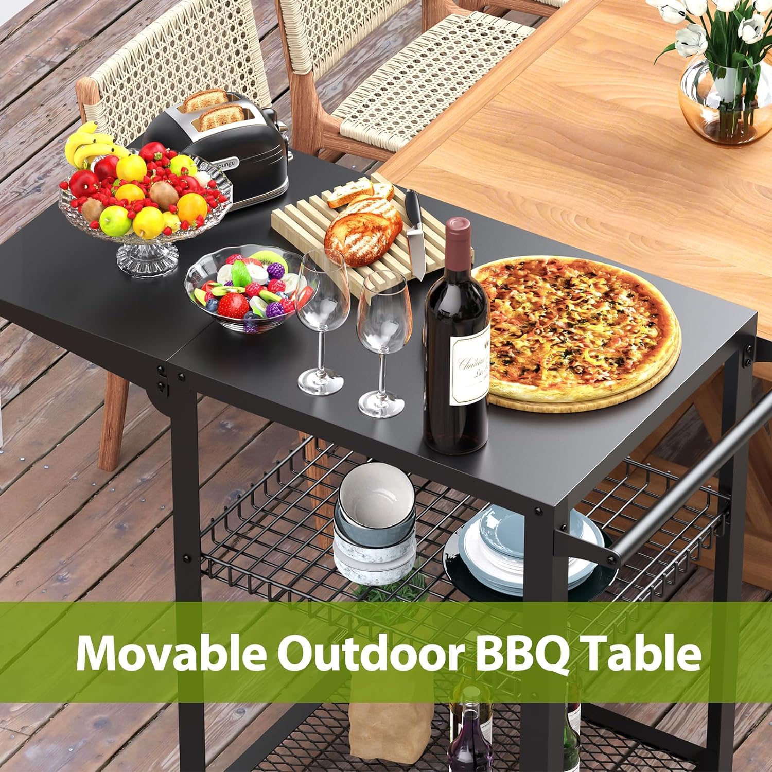 **Portable 3-Tier Stainless Steel Pizza Oven Cart - Outdoor BBQ Grill Table with Wheels, Commercial Kitchen Prep Trolley & Dining Workstation for Backyard, Patio, and Catering Events**