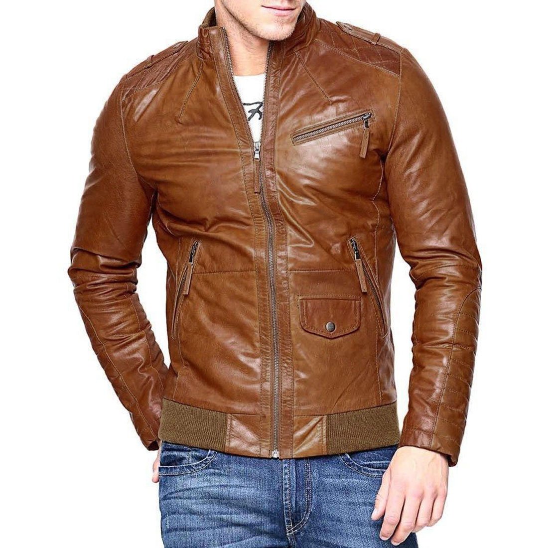 Premium SID Men's Tan Brown Lambskin Leather Jacket - Stylish Bomber Coat & Biker Jacket for Men | Perfect for Motorcycle Riding, Casual Outfits & Night Out Looks