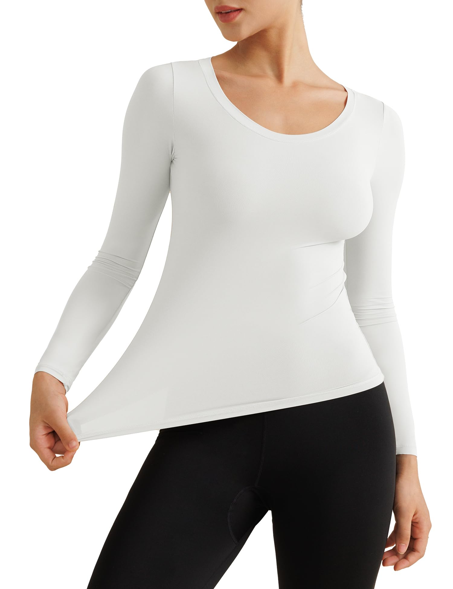 QOMEWA Women's Slim Fit Crew Neck Long Sleeve Shirts - Soft Stretch Lightweight Base Layer Top for Layering, Workout & Casual Wear - Basic Underwear Tee for Everyday Comfort