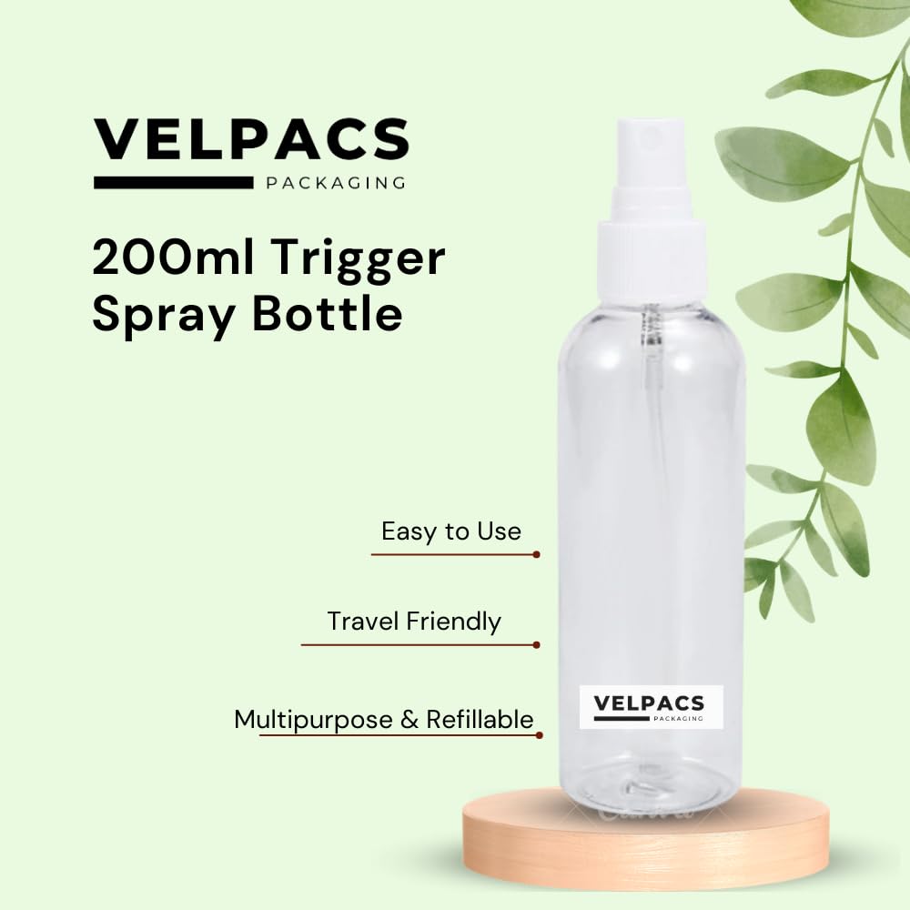 Velpacs 200ml Empty Plastic Spray Bottle - 3 Pack Fine Mist Sprayer for Hair, Rosemary Oil, Perfume & Rosewater | Travel-Friendly Refillable Container for DIY Beauty, Aromatherapy & Home Cleaning Solutions