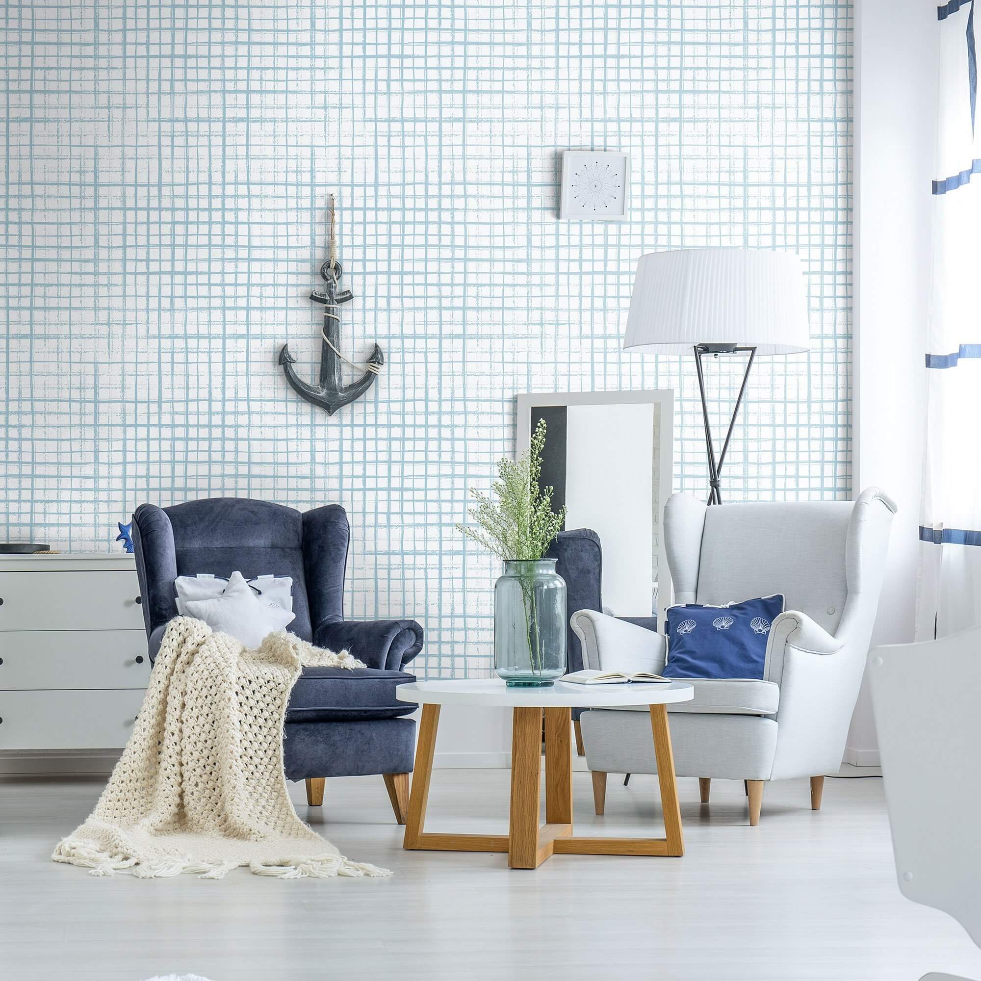 White and Blue Geometric Peel and Stick Removable Wallpaper - Self-Adhesive Decorative Wall Covering for Bedroom, Living Room, Nursery & Office Decor