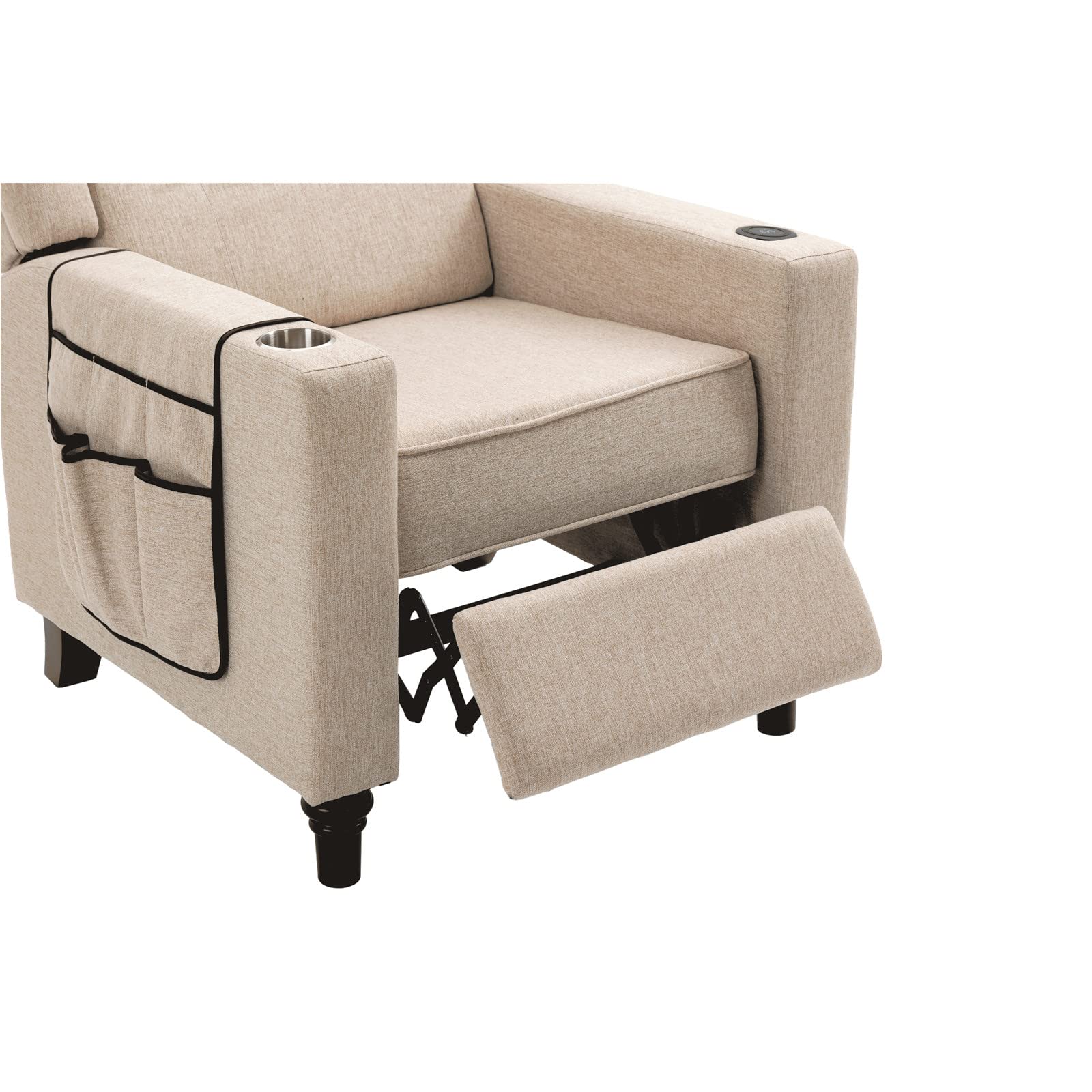 Modern Push Back Recliner Chair with Storage Pockets & USB Charging - Adjustable Tufted Wingback Recliner with Footrest for Living Room, Office & Home Theater - Comfortable Fabric Lounge Chair in Khaki