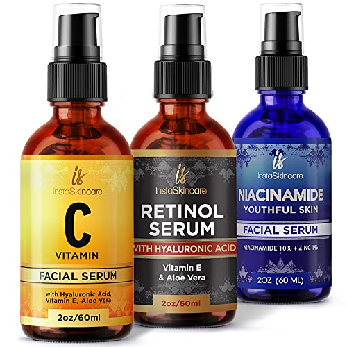 InstaSkincare Anti-Aging Face Serum Set - Hyaluronic Acid Serum, Retinol Serum, Vitamin C Serum & Niacinamide Serum (2Oz Each) for Wrinkles, Dark Spots & Pore Minimizing | Perfect for Daily Skincare Routine & Nighttime Repair