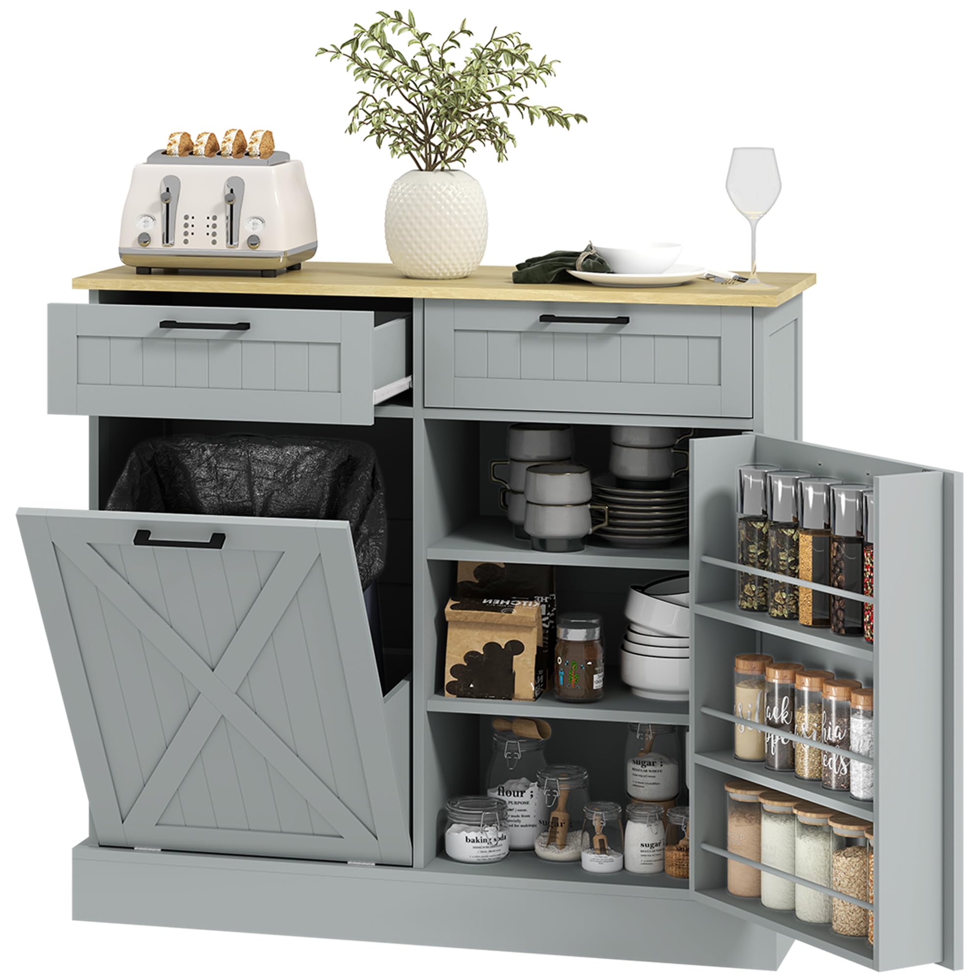 HOMCOM 10 Gallon Tilt-Out Trash Can Cabinet - Farmhouse Style Kitchen Storage with Hidden Trash Bin & 2 Drawers - Perfect for Laundry Room, Pantry, or Kitchen Organization (Gray)