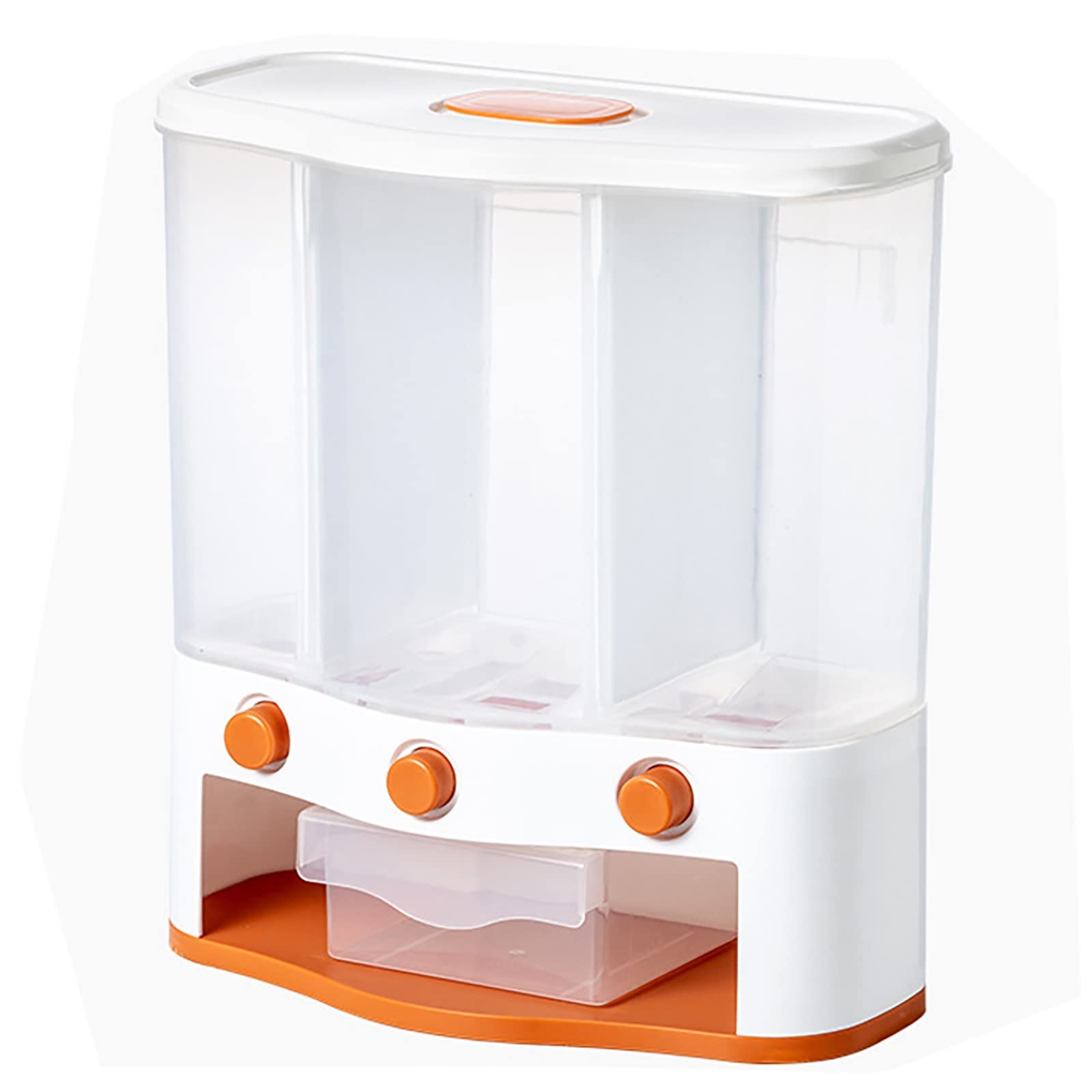 13LBs Wall Mounted Rice Dispenser & Dry Food Storage Container - 3-Grid Grain Organizer for Rice, Pasta, Cereal, Dried Fruits - Space Saving Kitchen Pantry Organizer (Orange) - Perfect for Small Kitchens, Restaurants & Bulk Food Storage