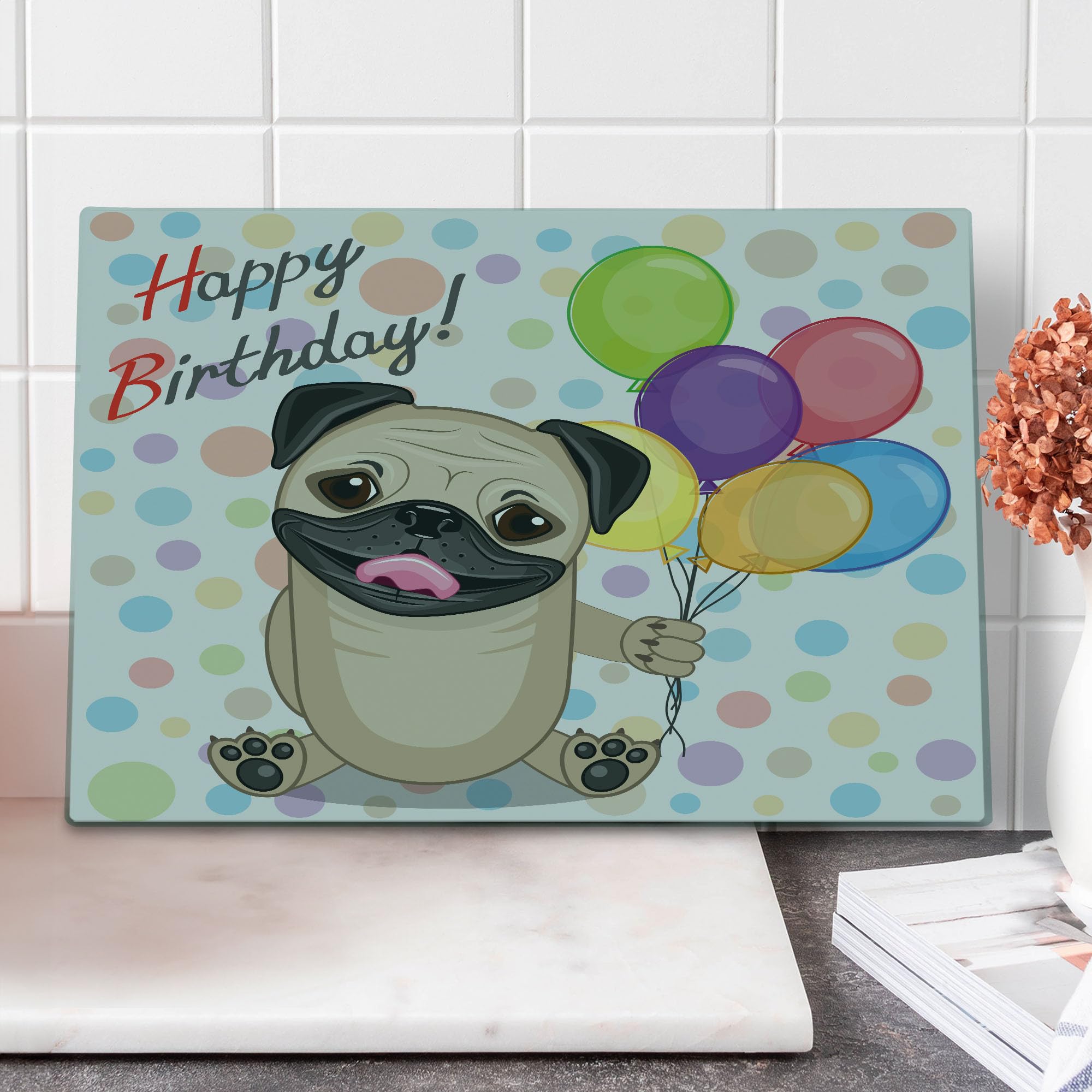 Ambesonne Dog Themed Birthday Cutting Board - Smiling Pug with Party Balloons Design - Tempered Glass Serving Board for Kitchen & Party Decor - Large Multicolor Greeting Card Inspired Chopping Board - Perfect for Birthday Gifts, Cheese Platters & Home Decor