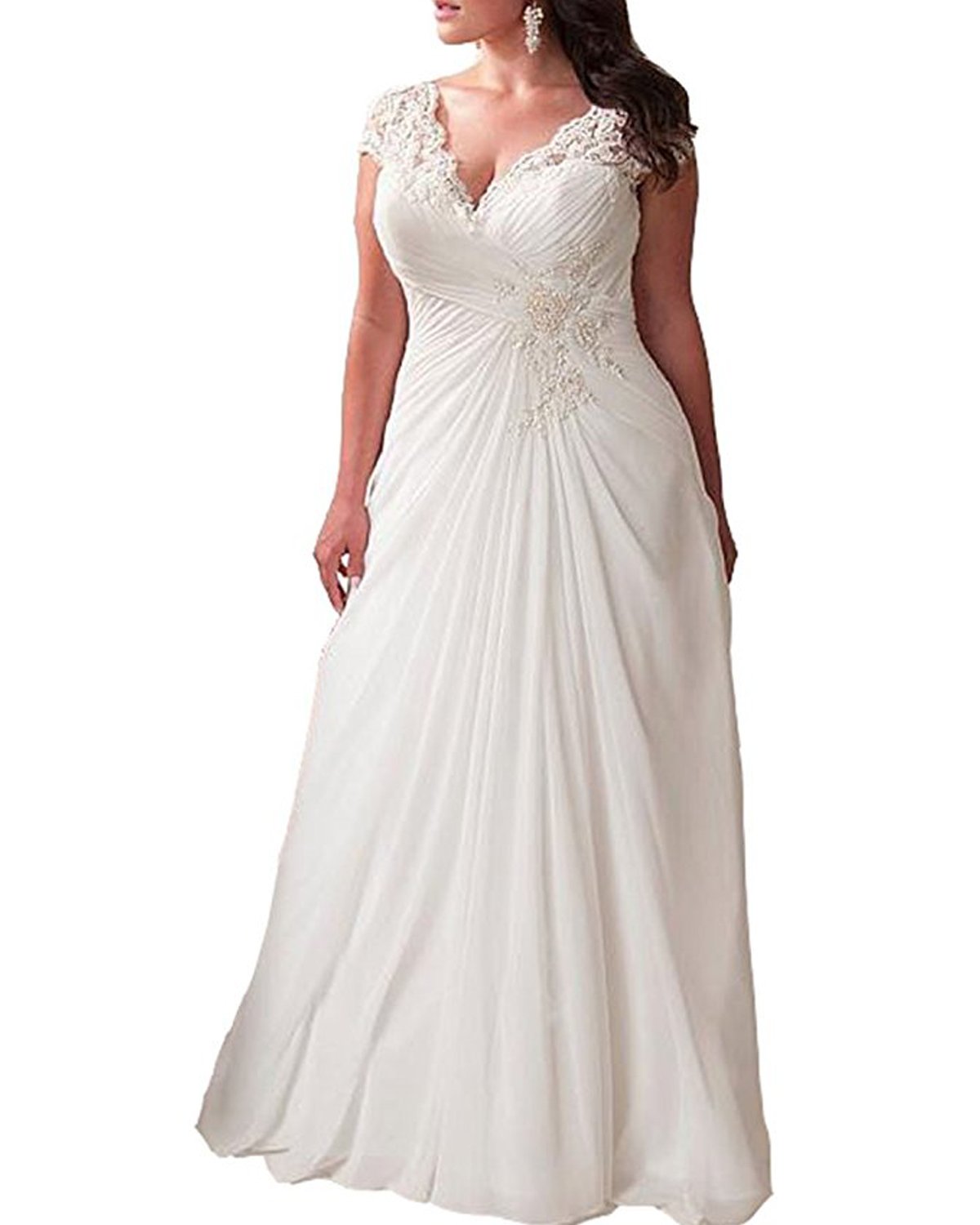 Elegant Plus Size Lace Cap Sleeve Empire Wedding Dress for Women - White Beach Bridal Gown Size 24 | Perfect for Beach Weddings, Destination Elopements & Romantic Photoshoots