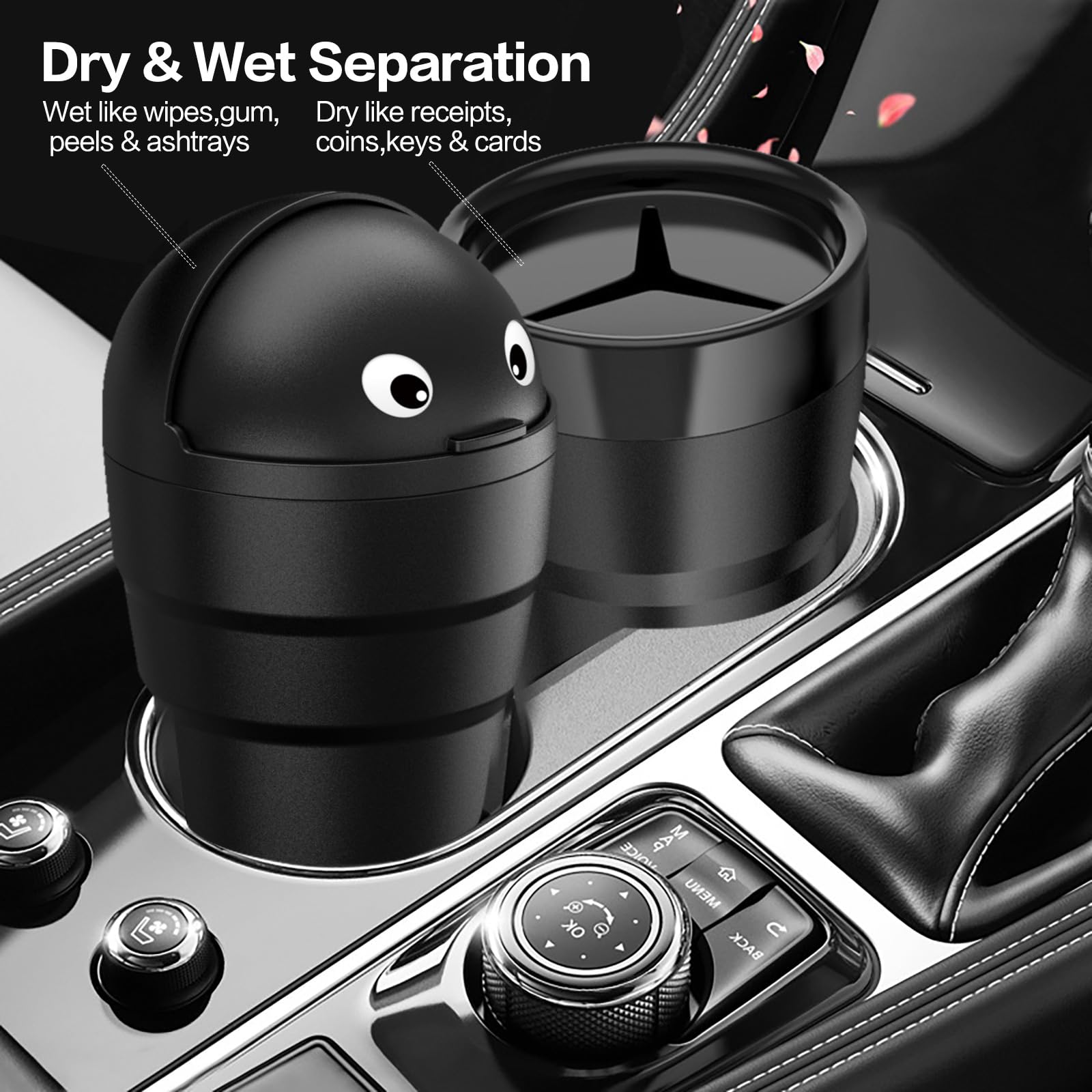 Mini Car Trash Can with Lid - Leakproof ABS Cup Holder Garbage Bin for Vehicle, Office & Home Use | Cute Automotive Accessories (Black, 2-Pack) - Perfect for Road Trips, Daily Commute & Workspace Organization