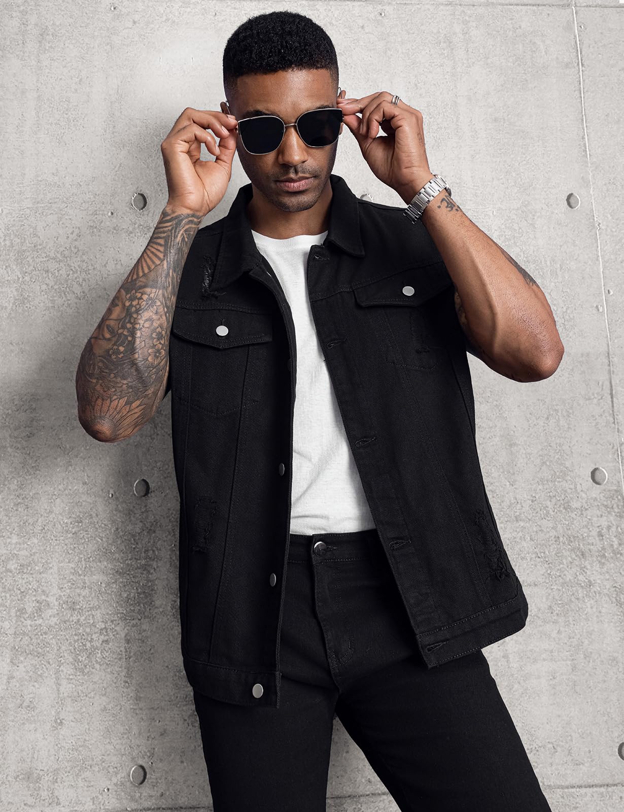 Longbida Men's Distressed Denim Vest - Sleeveless Ripped Slim Fit Jean Jacket for Casual Wear & Street Style | Perfect for Layering, Outdoor Events & Fashion Outfits