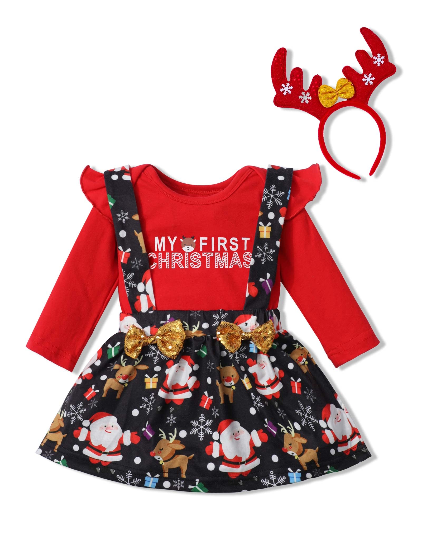 My First Christmas Outfit for Baby Girl - Santa Print Romper, Tutu Skirt & Antler Headband 3-Piece Set | Holiday Photoshoot, Family Gathering & Christmas Party Outfit