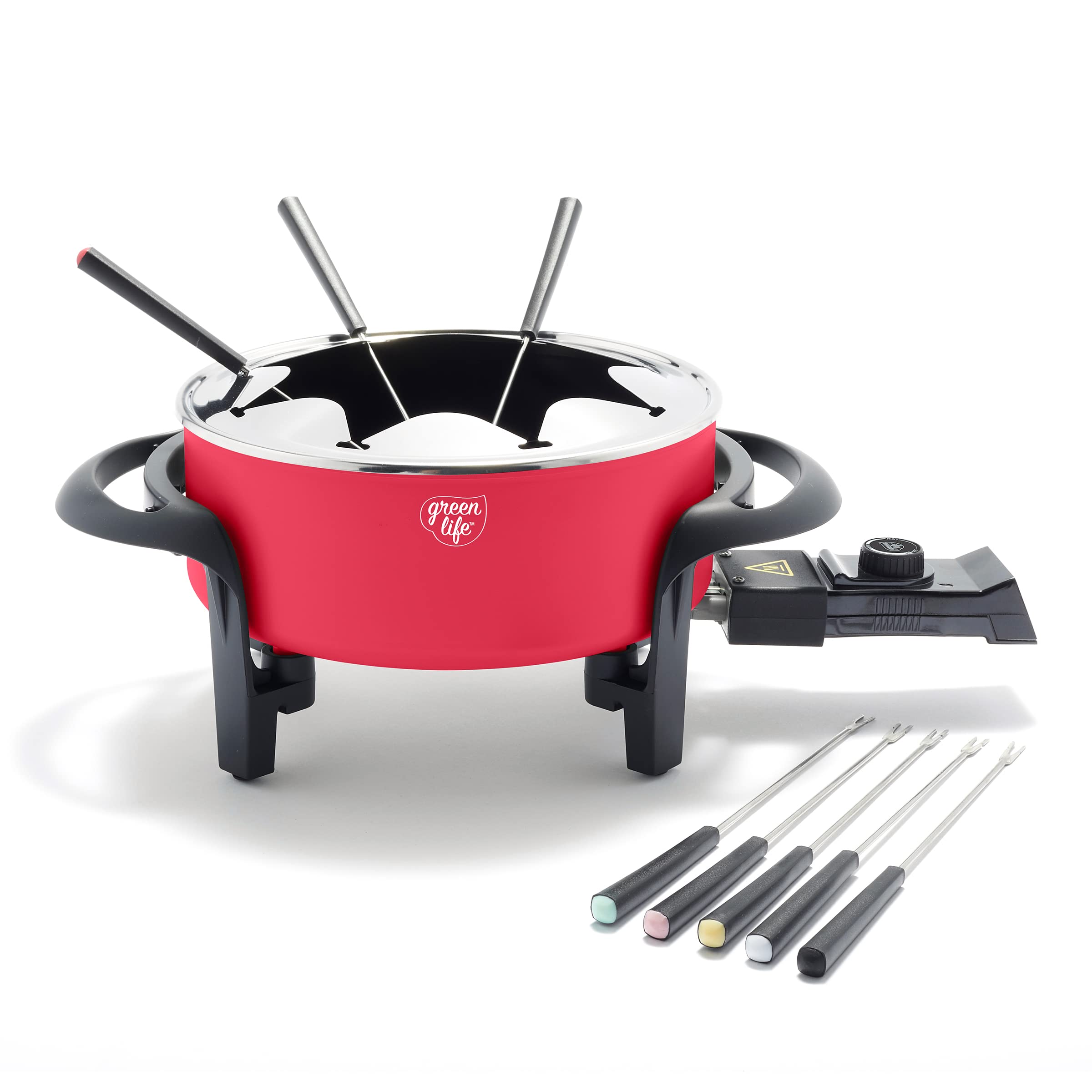GreenLife 14 Cup Electric Fondue Pot Set for Cheese, Chocolate & Meat - 8 Color Coded Forks, Ceramic Nonstick Coating, Adjustable Temp Control, PFAS-Free (Red) - Perfect for Parties, Family Gatherings & Romantic Dinners