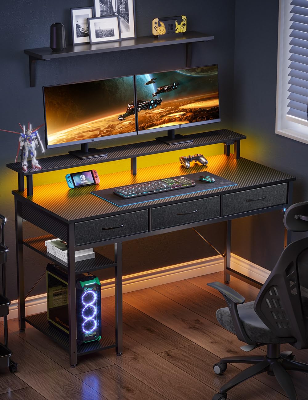 Rolanstar 47-inch Modern Computer Desk with Power Outlets, LED Light & Storage - Home Office Desk with 3 Drawers, Monitor Stand & Shelves - Perfect for Remote Work, Gaming & Study - Carbon Black