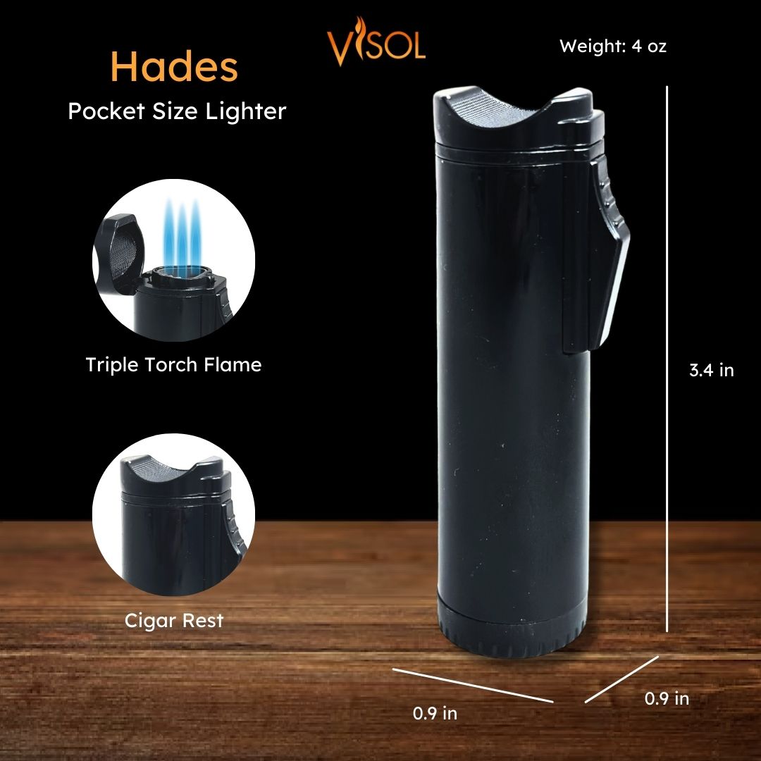 Hades Triple Torch Cigar Lighter - Windproof Butane Lighter for Cigars, Cigarettes & Outdoor Use - Premium Black Finish (Great for Camping, Travel & Gifts)