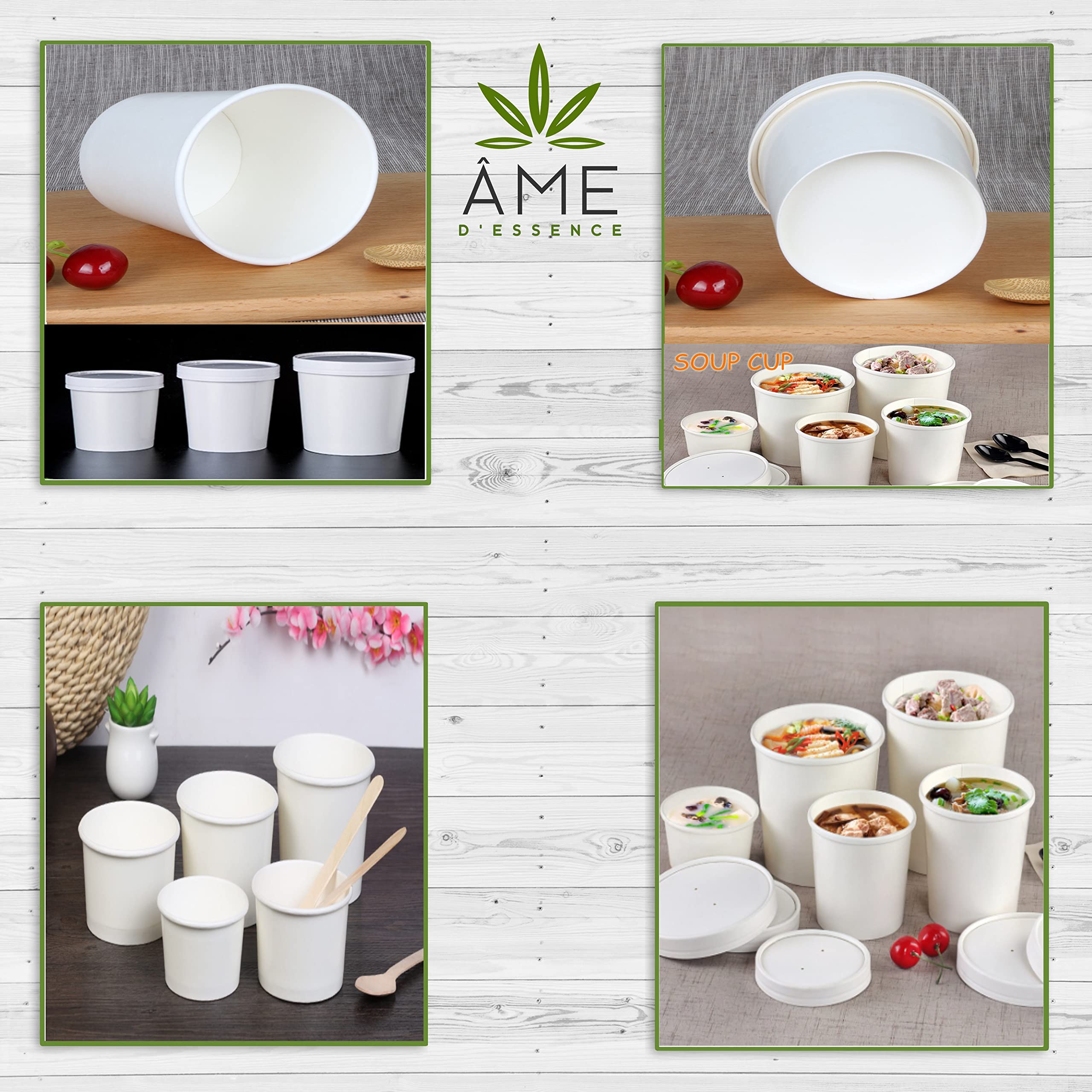 500-Pack AME D'ESSENCE 8 oz White Paper Soup Containers with Vented Lids - Hot & Cold Food To-Go Cups for Ice Cream, Gelato, Yogurt, Soups - Perfect for Takeout, Restaurants & Catering