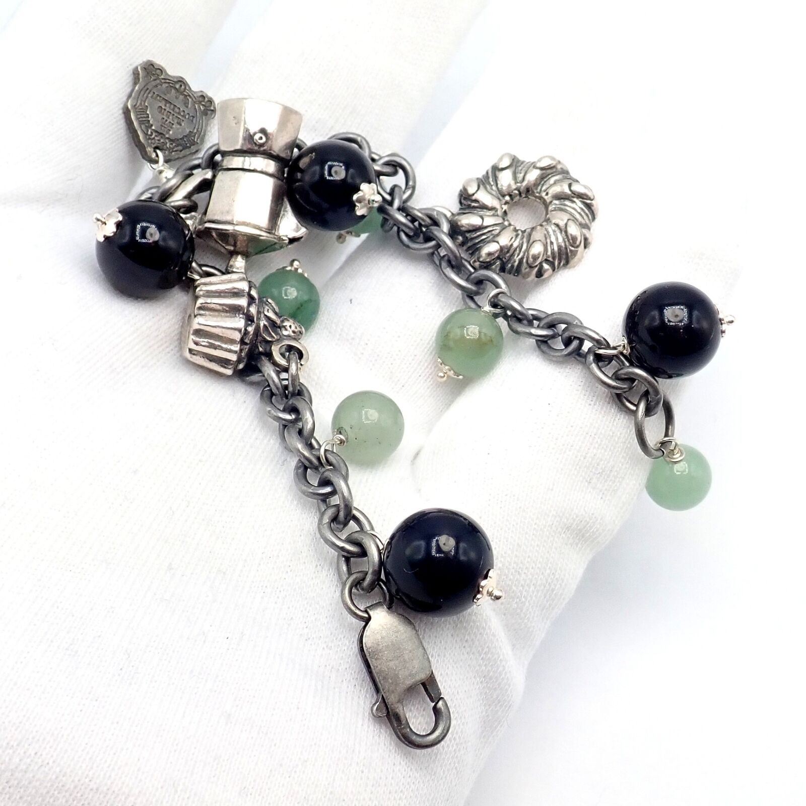 Vintage Mario Buccellati Sterling Silver Coffee Jadeite Onyx Beaded Charm Bracelet - Elegant Jewelry Gift for Women, Perfect for Parties, Weddings & Special Occasions