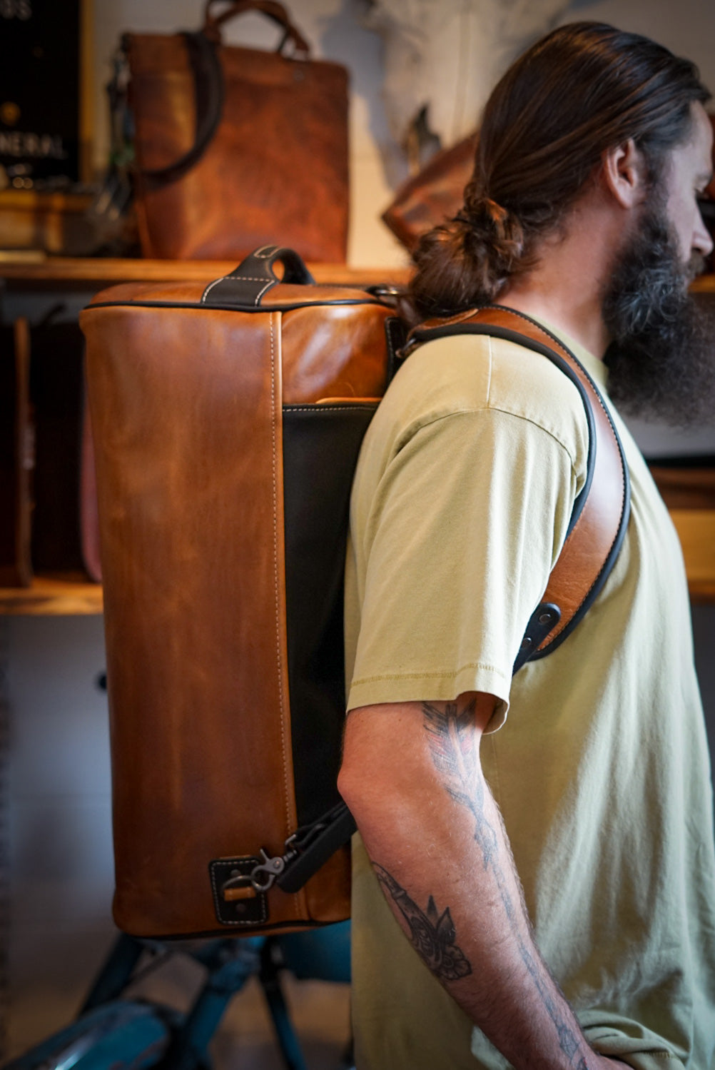 Duffleback Warrior Backpack - Two Tone Golden Maple Brown & Flat Black Accents - Durable Travel & Gym Bag for Outdoor Adventures & Daily Commute