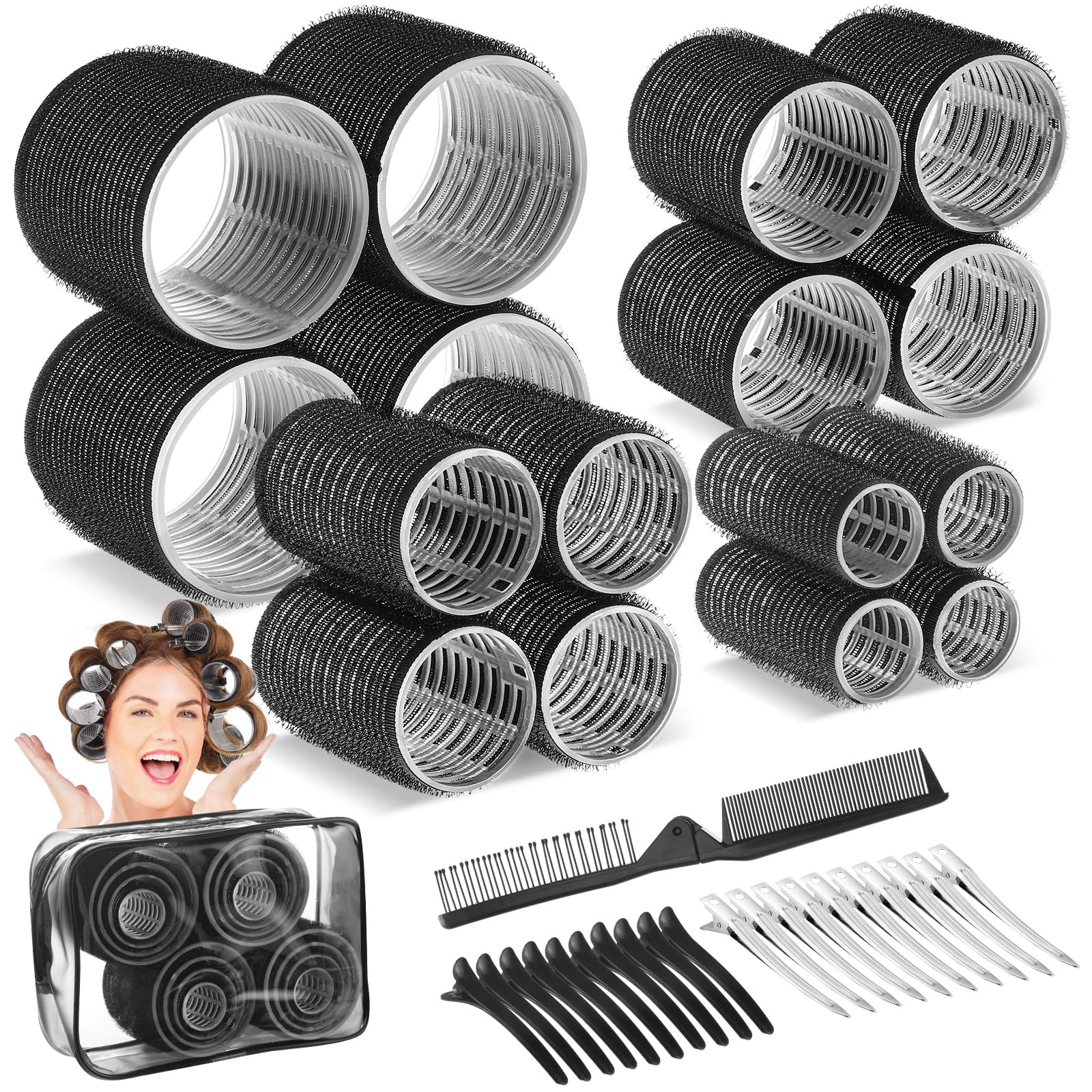 38 Pcs Self Grip Hair Rollers Set - 4 Sizes (25mm 36mm 48mm 60mm) with Clips & Storage Bag for Long, Short Hair & Bangs - Perfect for Home Salon, Party Styling & DIY Hair Care