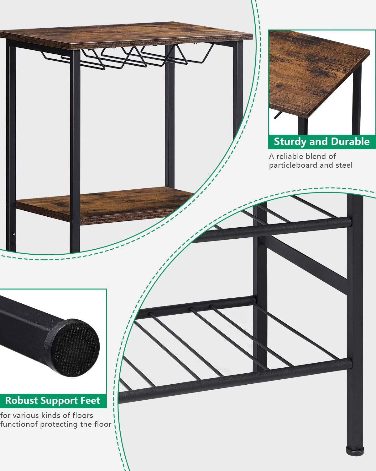 MOOACE Rustic Wood Wine Rack Table - Freestanding Floor Wine Cabinet with Storage for 8 Bottles, Industrial Style Bar Stand for Home, Kitchen, Dining Room or Wine Cellar - Brown