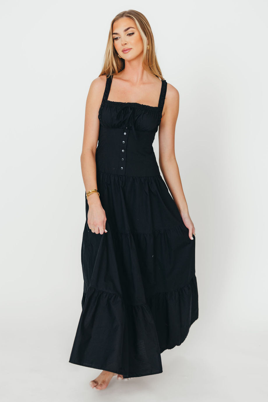 Sutton Corset Button Down Tiered Maxi Dress for Women - Elegant Black Long Dress with Flowy Skirt | Perfect for Weddings, Parties & Special Occasions