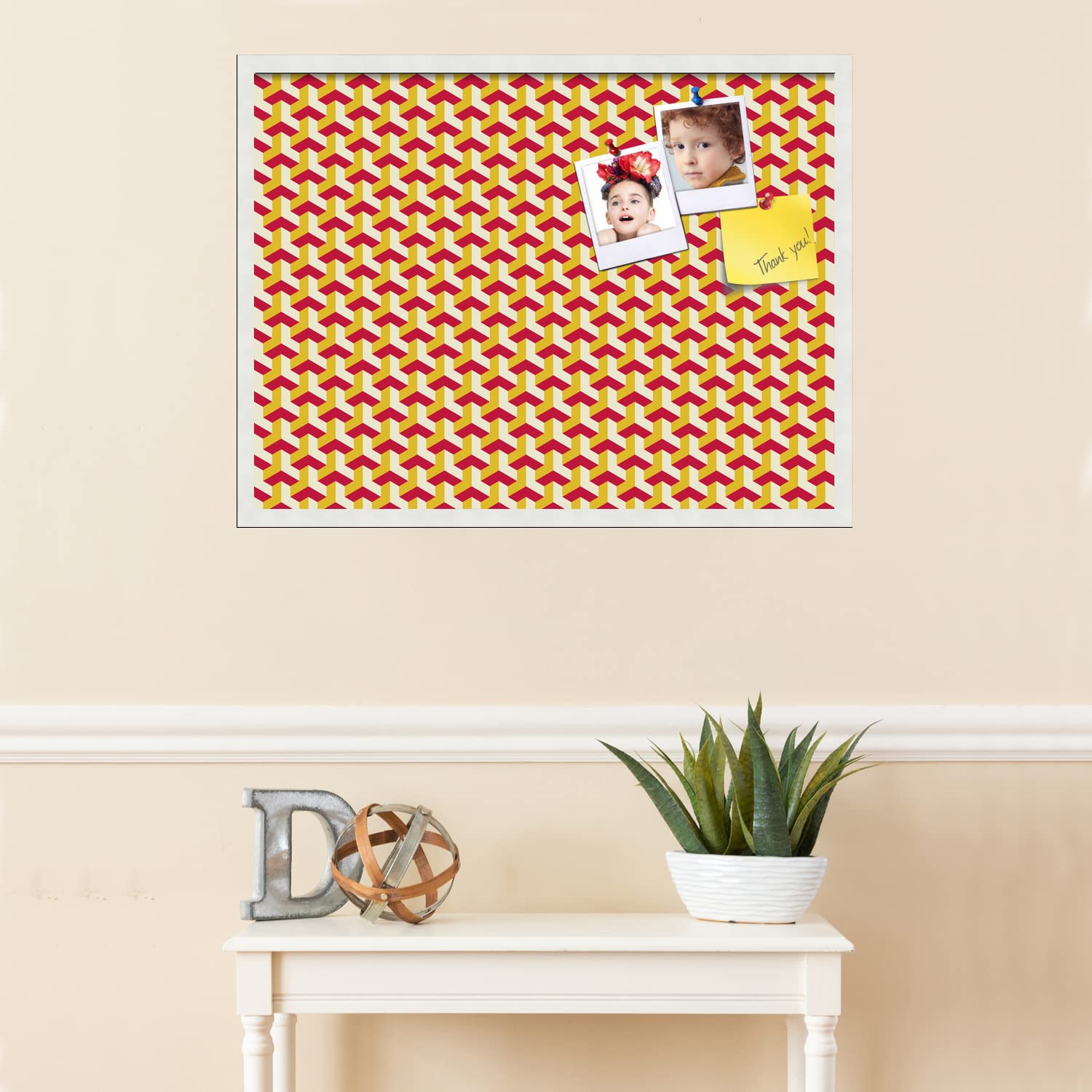 PinPix 32x24 Inch Cork Bulletin Board with Red Gold BAUS Design & White Satin Frame - Stylish Wall Organizer for Home Office Decor, School Classroom, Dorm Room, or Workspace (PinPix-1533)