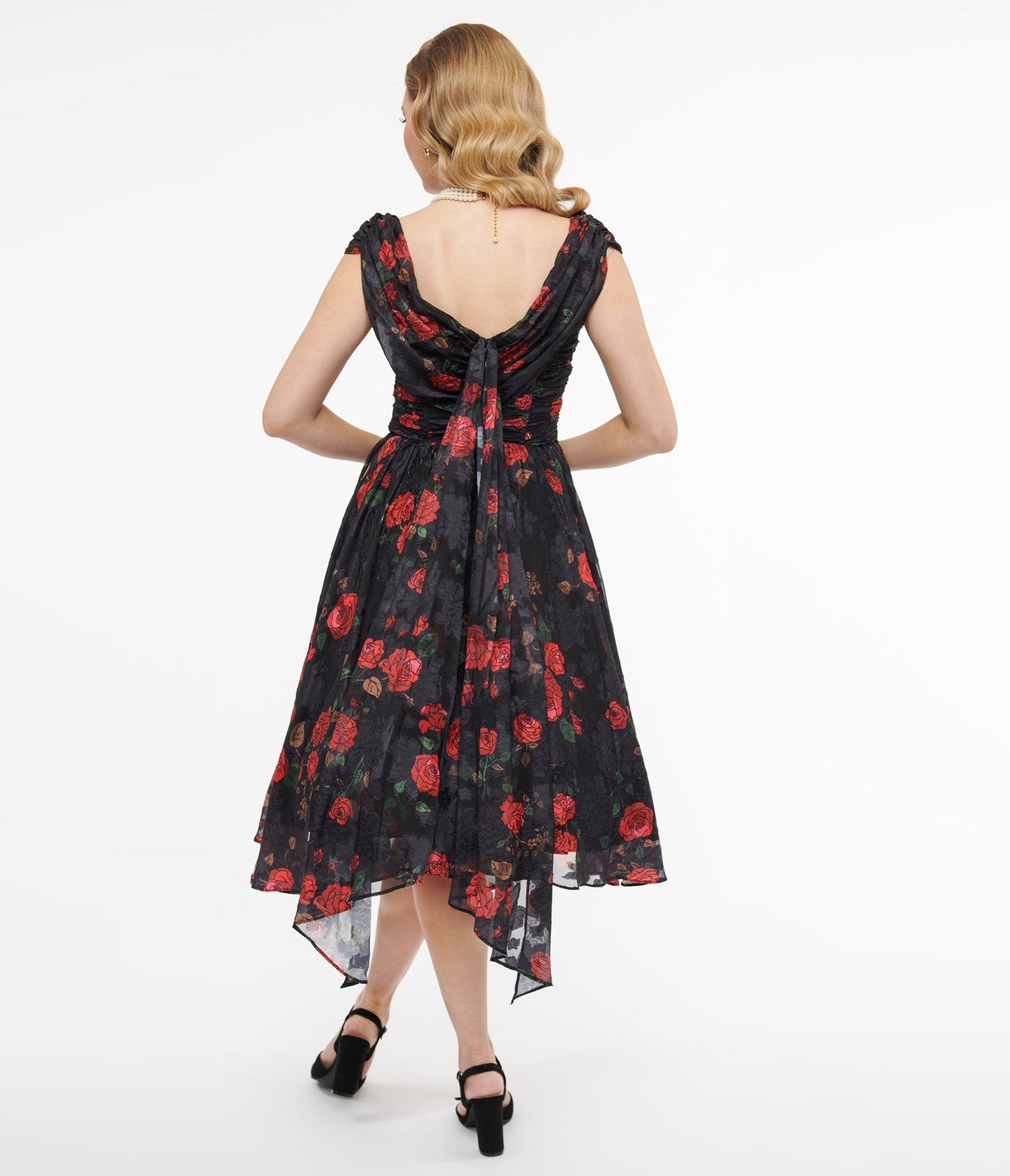 Vintage 1950s Black & Red Rose Off Shoulder Cocktail Dress - Retro Swing Dress for Parties, Weddings & Special Occasions