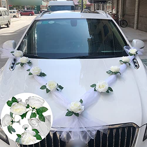 Artificial Wedding Car Flowers & Ribbon Bows - Elegant Bridal Car Door Handle Decorations for Wedding Ceremony, Photo Props, Party Events & Vehicle Accessories - Perfect for Wedding Day Decor & Bridal Party Celebrations