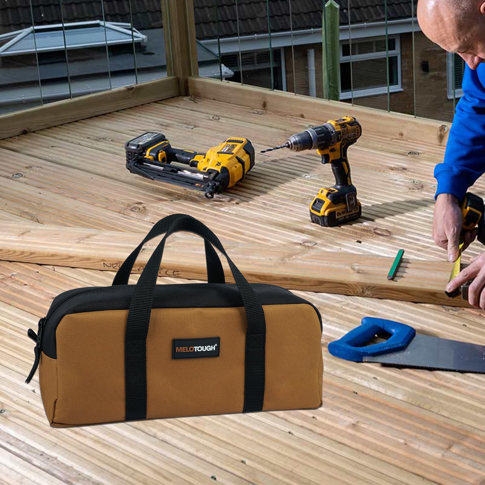 **MELOTOUGH 14 Inch Heavy Duty Canvas Tool Tote Bag with Zipper – Durable Portable Tool Organizer for Electricians, HVAC, Carpenters, Mechanics & Plumbers (Tan) – Perfect for Worksites, Home Repairs & DIY Projects**
